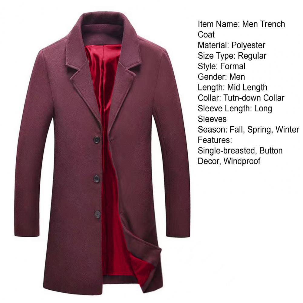 Description Picture 6 of itemMen Fall Winter Jacket Mid-length Men Coat Men's Slim Fit Windproof Trench Coat with Turn-down Collar Single-breasted Buttons