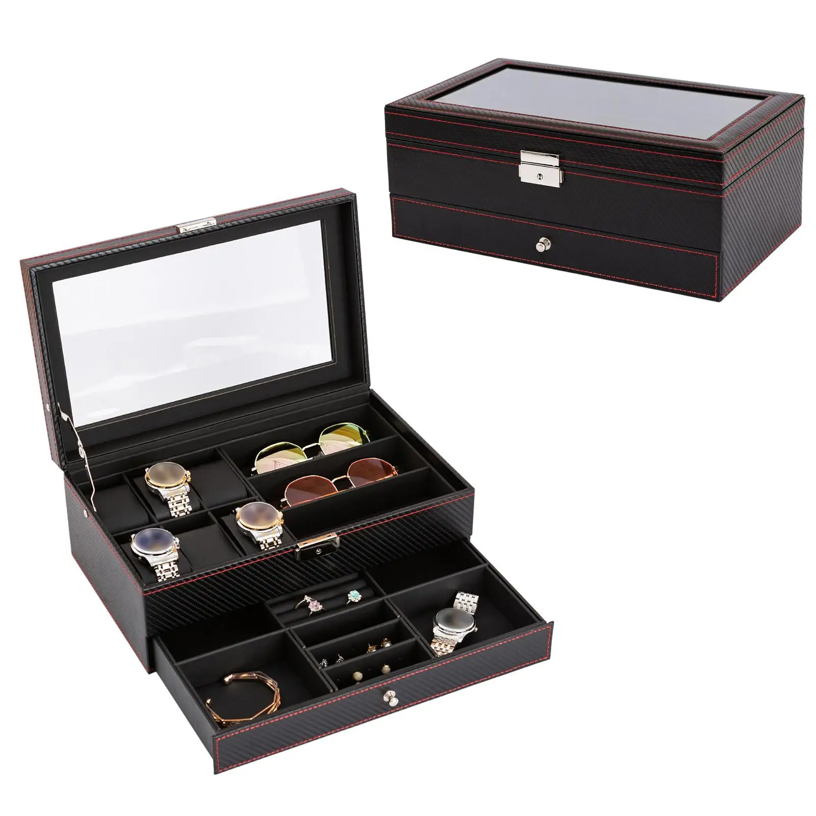 Double Layer Jewelry Display Case PU Leather Multifunctional Portable Watch Storage Box for Earrings Necklace Home Decoration