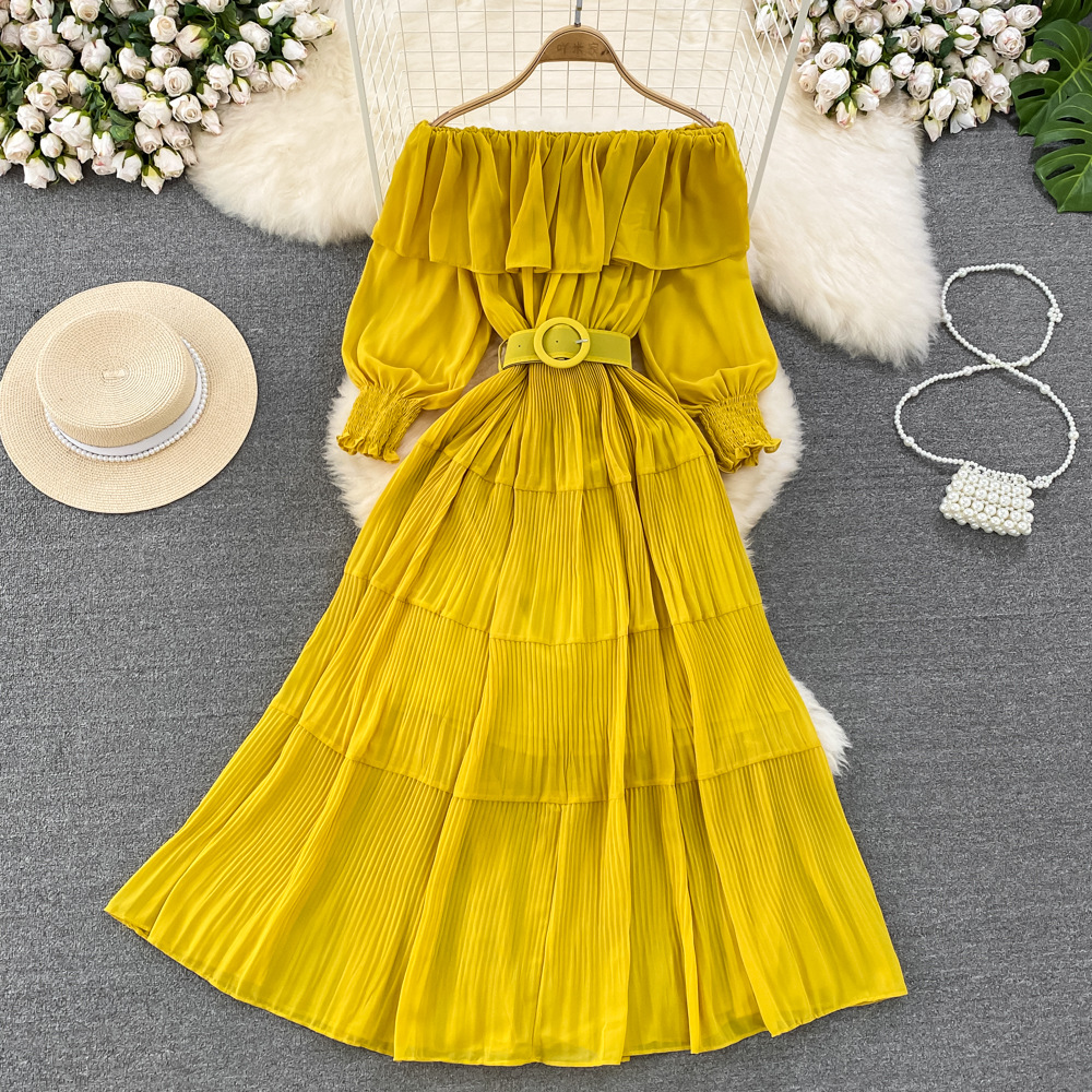 Women Vintage Off Shoulder Dress Chiffon Summer Sweet Lotus Leaf Edge Elegant Pleated Dresses Ladies Evening Party Long Dress