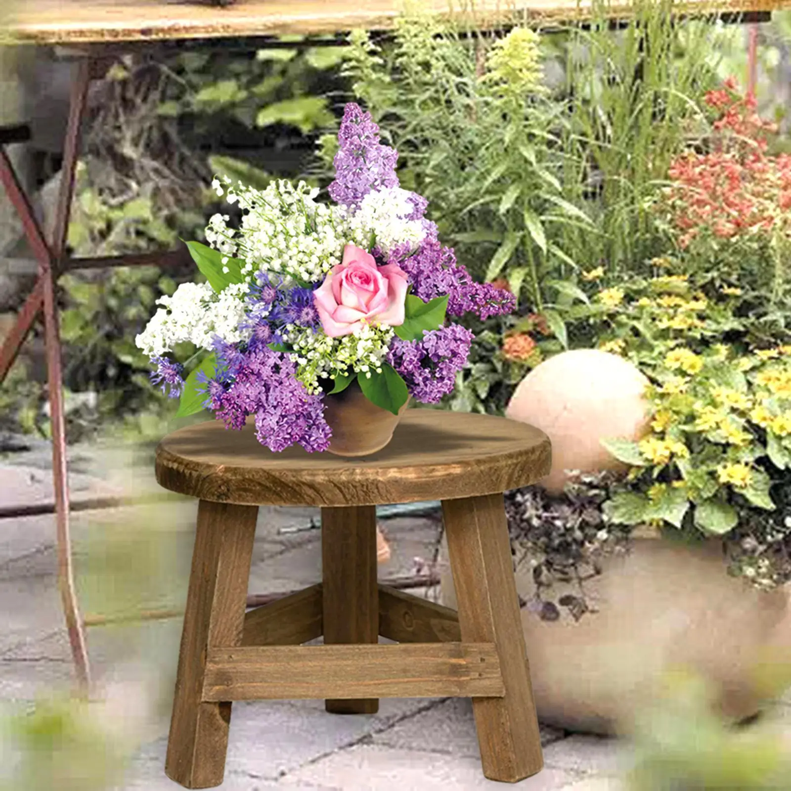 Mini Wooden Stool Plant Stand Round Decorative Flower Pot Stool Planter Holder for Office Garden Desktop Table Indoor Outdoor
