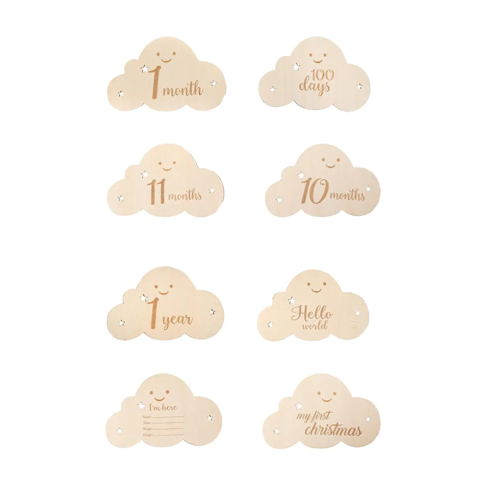 8x Wooden Baby Milestone Cards Keepsake Toy Cute Clouds Shape for Newborn to Age 1 New Mom Gifts Record Growth Monthly Stickers
