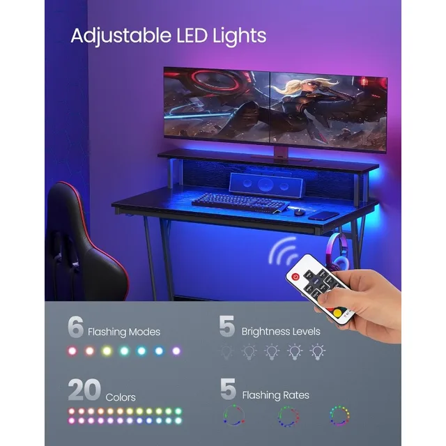 VASAGLE Bureau Gaming avec LED et Multiprise, Table Gamer, Bureau