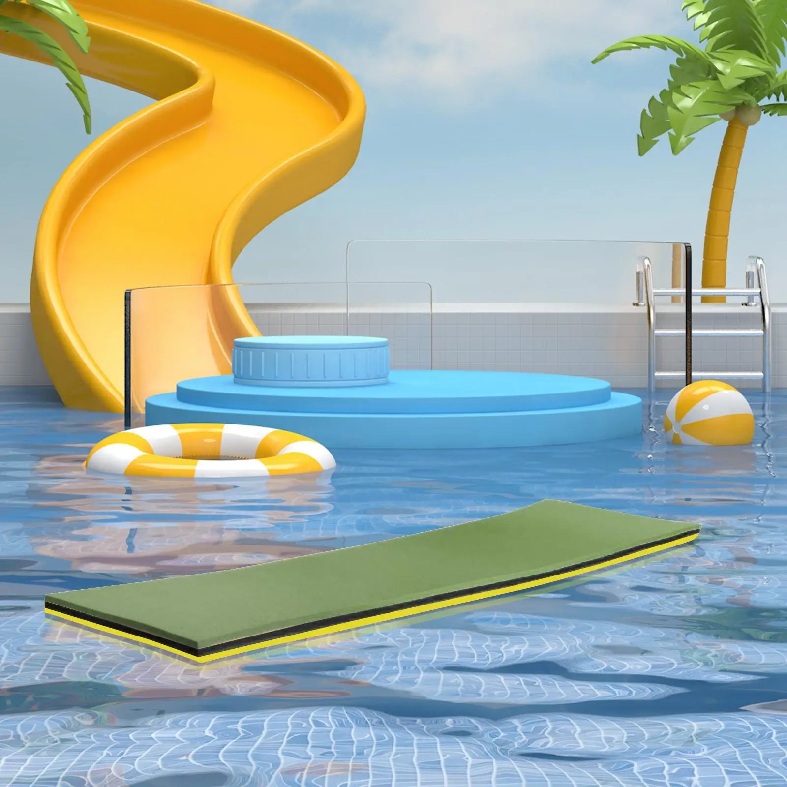 Floating Mat Water Pad Cushion 3 Layer Yellow Black Green 43x15.7x1.3inch for Relaxing Simple to Clean with Soap and  up Pad