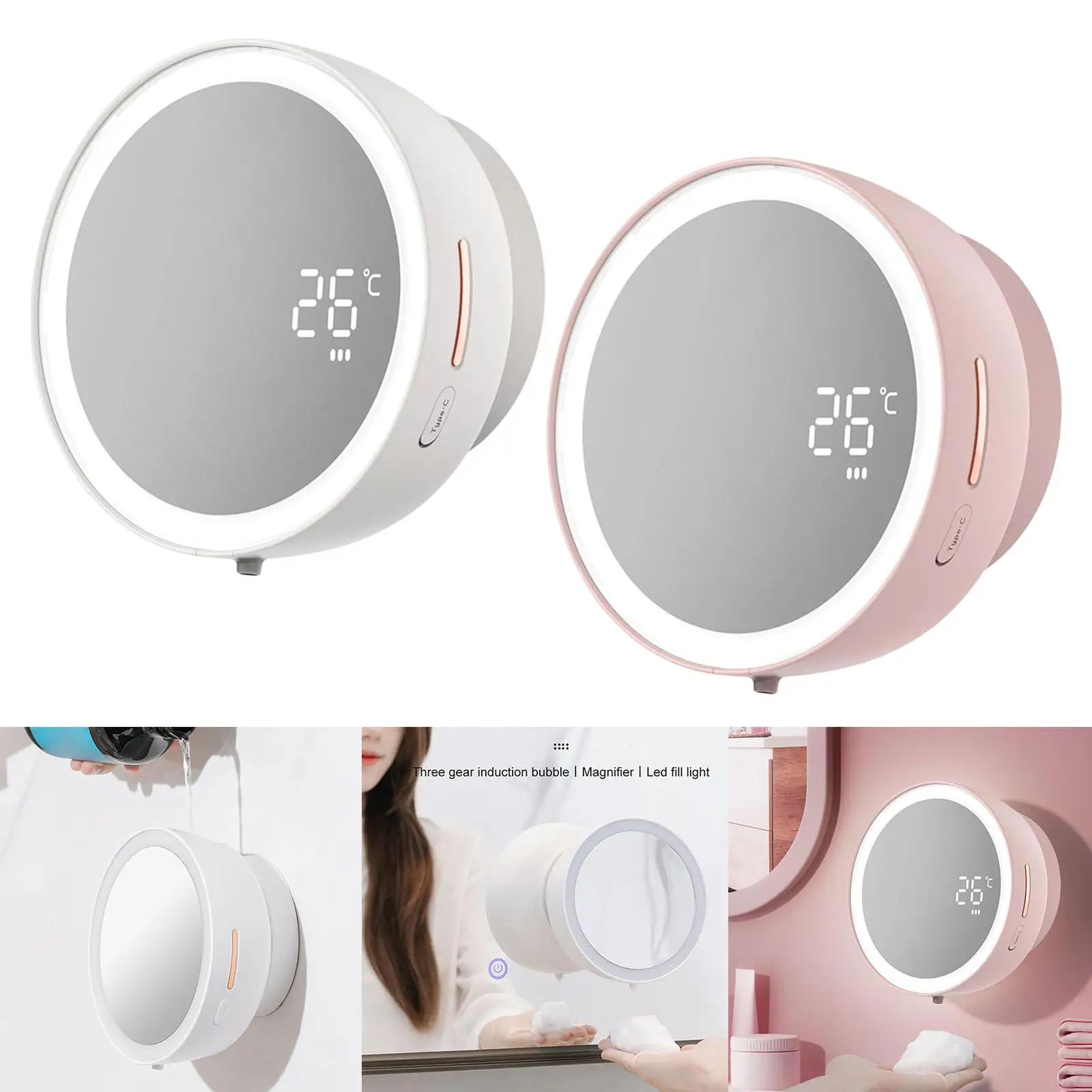 Automatic Soap Pump Dispenser Multipurpose USB Rechargeable LED Fill Lights Vanity Mirror Adjustable 285ml 3 Gear for Dorm Hotel
