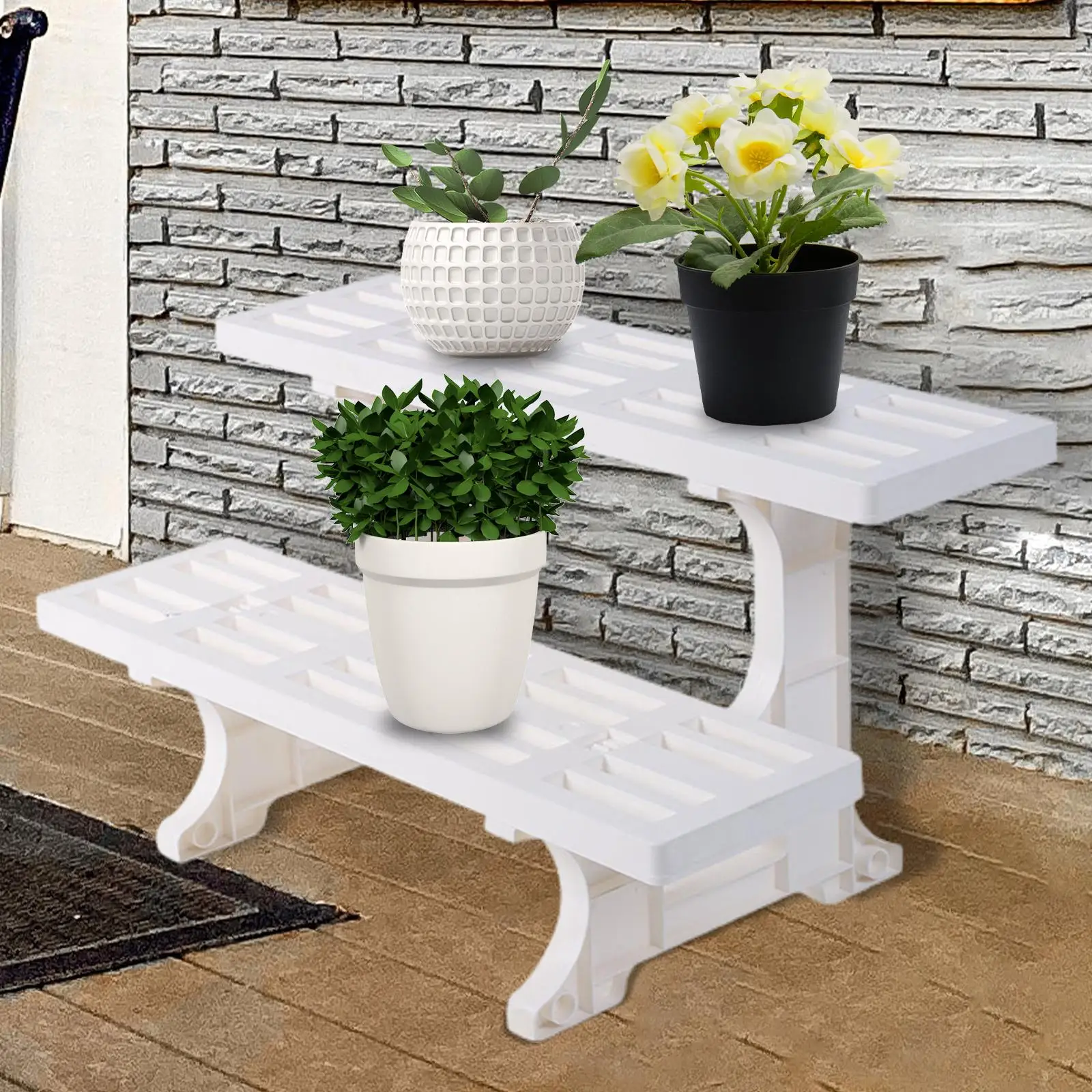 White Planter Stand Flower Pot Decorative Crafts Floor Standing Shelf 2 Tier Rectangle Indoor Planter Rack for Patio Yard