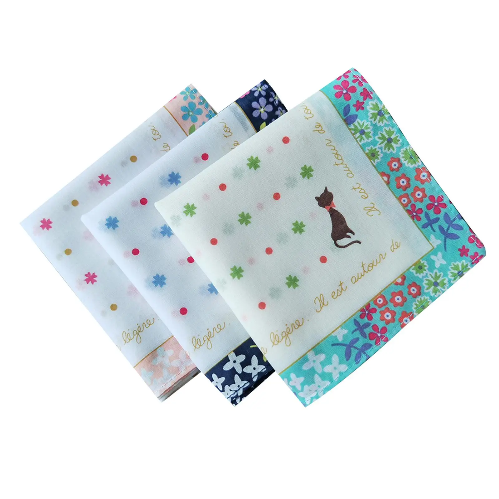 3x Women Cotton Handkerchiefs Square Pocket 34cm Floral Print Decorative for Events