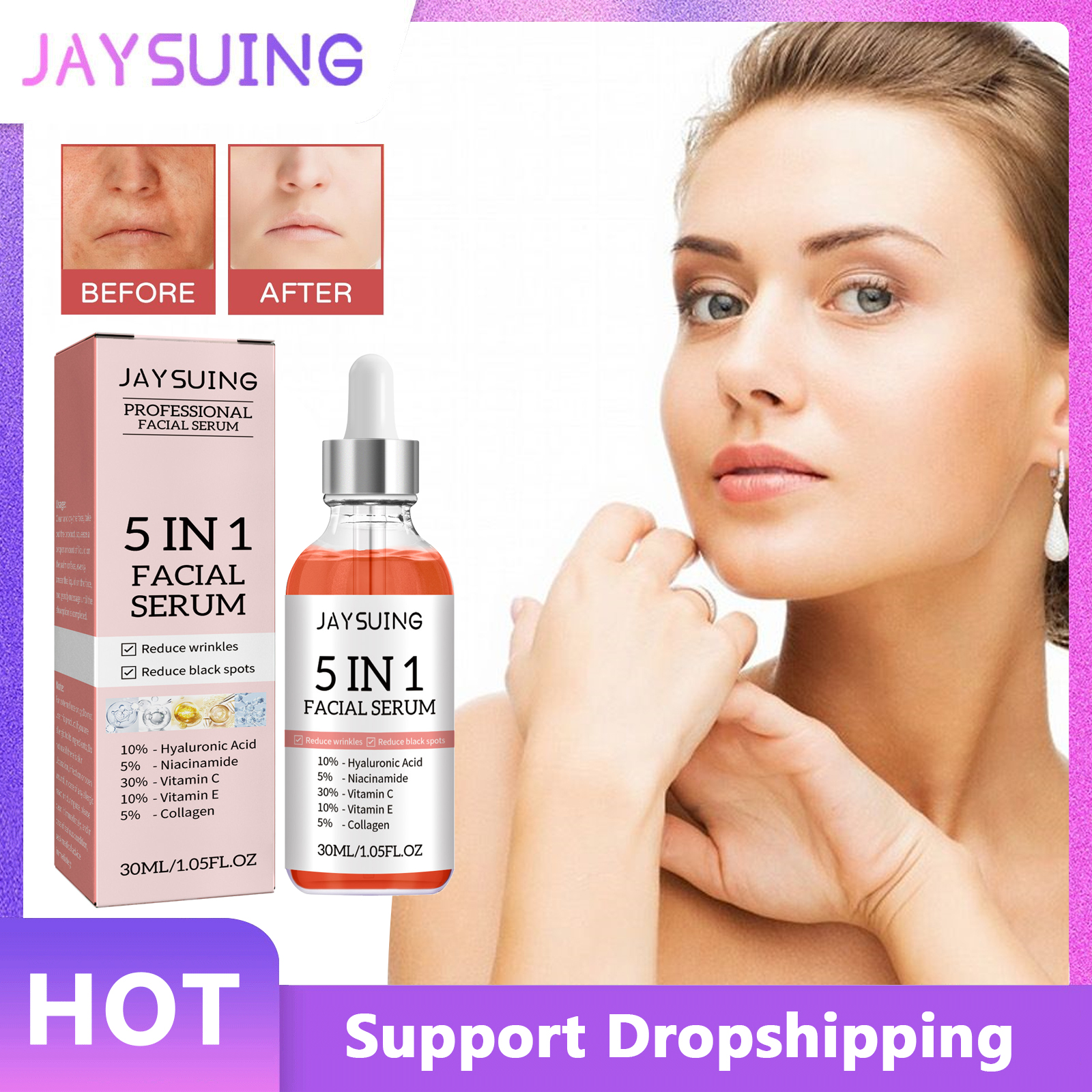 Best of Jaysuing Hyaluronic Acid Face Serum 5 In 1 Moisturizing Whitening Anti Wrinkle Aging Vitamin C Shrink Pores Serum Skin Care 30ml Reviews & Tips