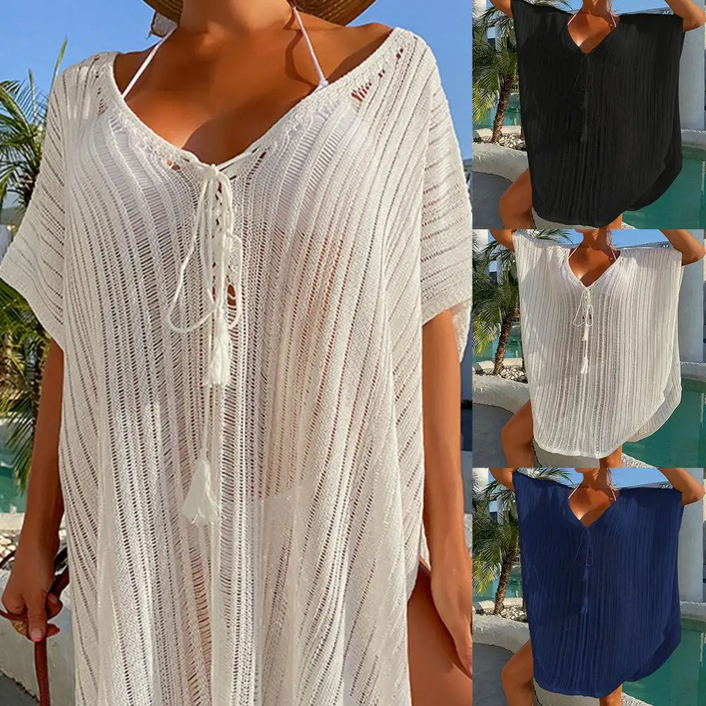 Swimsuit Cover Up Solid Color Sexy Hollow Out Lace Up Bikini Cover Up Breathable Sunscreen Beach Dress for Holiday cover up beachwear
