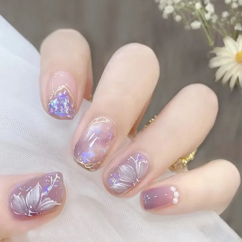 Best of 24Pcs Purple Short Round False Nails With Aurora Flower Design Detachable Korean Press On Nails Fake Acrylic Manicure Tips Reviews & Tips