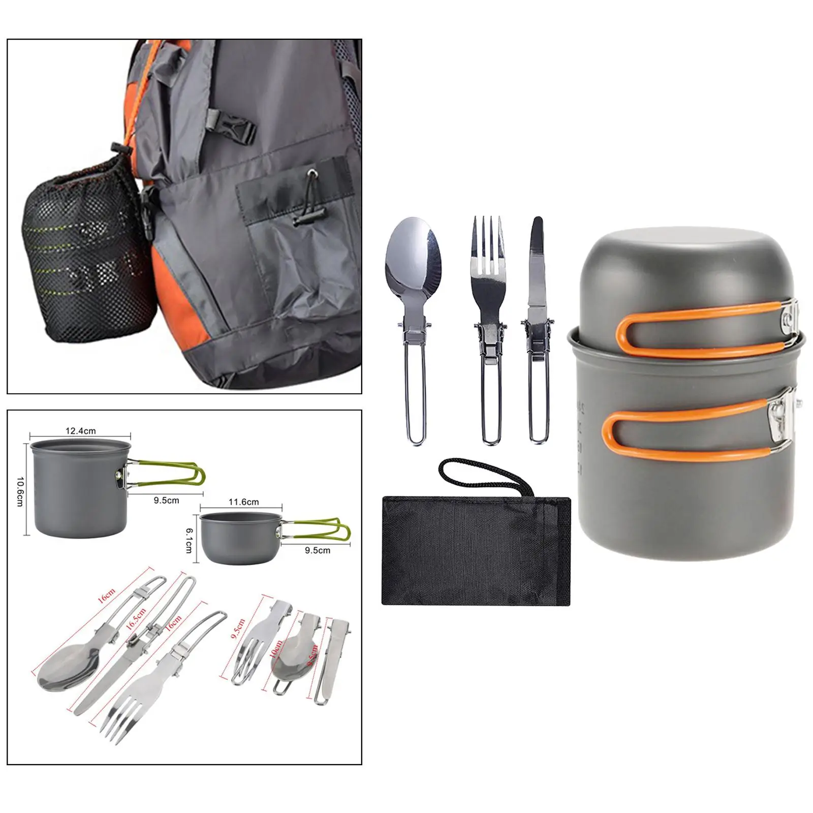 5 Pieces Folding Camping Tableware Cookware Set -2 Person Including 1/Pot, 1/Pan, 1x Fork, 1x  and 1x Spoon