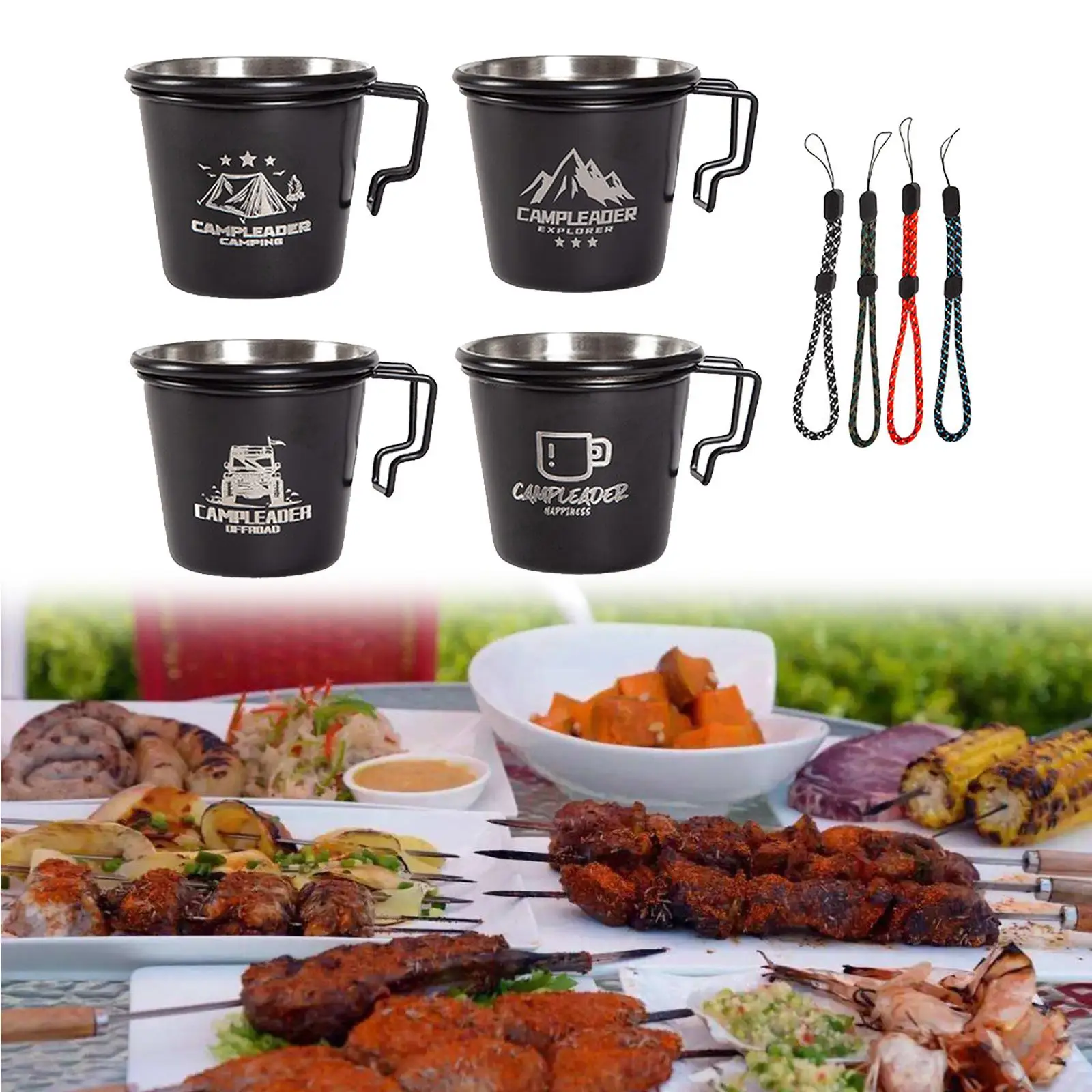 5 Pieces Outdoor Stainless Steel  Cups w/ Hanging Rope Practical Cutlery Utensils Mugs Drinkware for  Fishing Backpacking