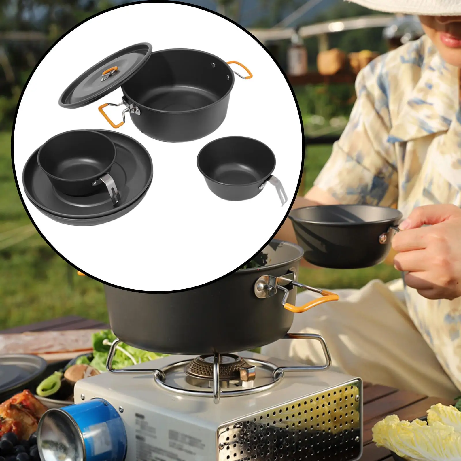 Camping Cookware Set Cookware Equipment Handle High Capacity Outdoor Pot Tableware Kit for Backpacking Travel Fishing Dinner BBQ