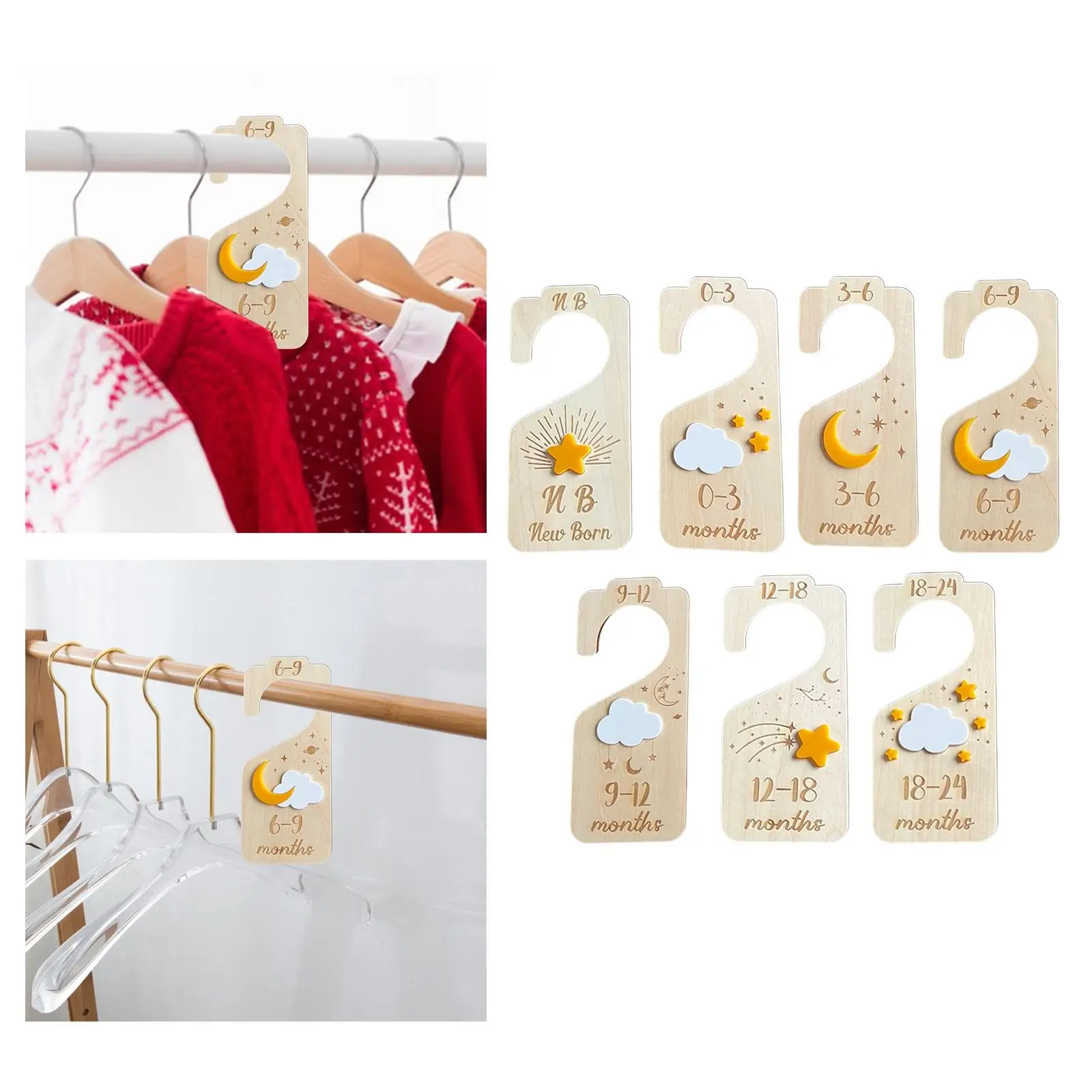 7x Baby Closet Organizer from Newborn to 24 Months Nursery Decor Wood Hanger Dividers Infant Wardrobe Divider for Mom Gifts
