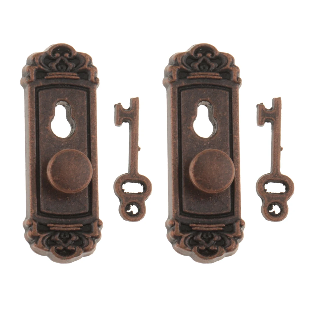 12th Scale Metal Door Handle Knob Plate And 2 Piece Miniature Dollhouse Key Set