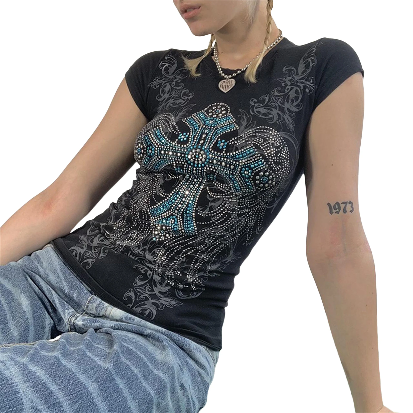 Women Y2K Rhinestone Cross T-shirt Short Sleeve Round Neck Retro Vintage Print Slim Crop Top Gothic Punk Streetwear