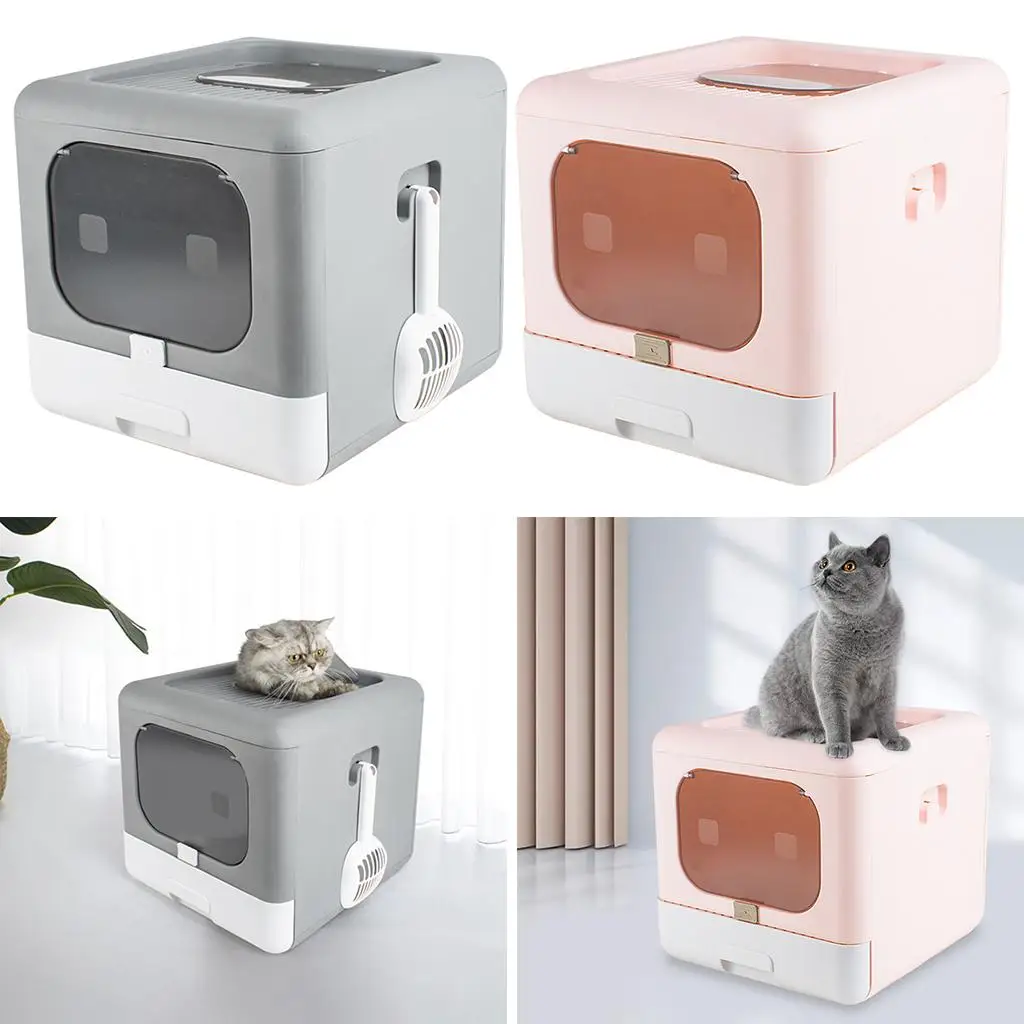 Portable Cat Litter Box with Lid Foldable Cats Litter Tray with Top Entry Pet Toilet with Scoop Large Inside Room for Kitten