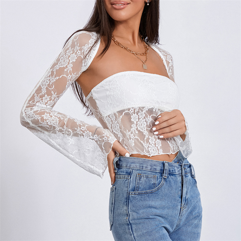 Ootddress Tube Top with Shrug Women Sexy See Through Strapless Bandeau Vest and Long Sleeve Cover Up Lace Clothes Party Clubwear