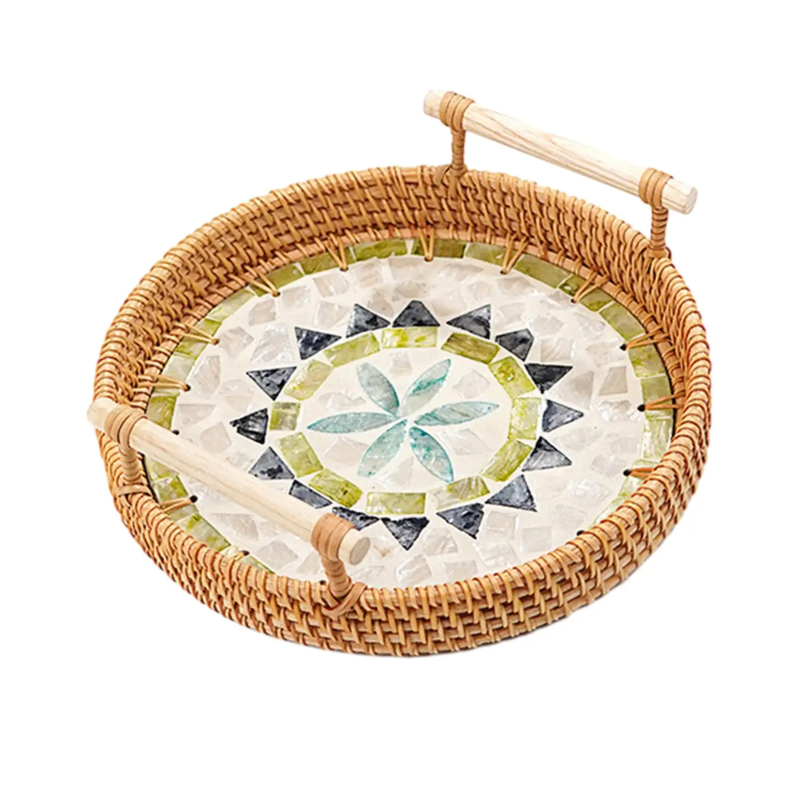 Woven Rattan Serving Tray with Handles Breakfast Cake Snacks Tray for Coffee Table Afternoon Tea Living Room Parties Countertop
