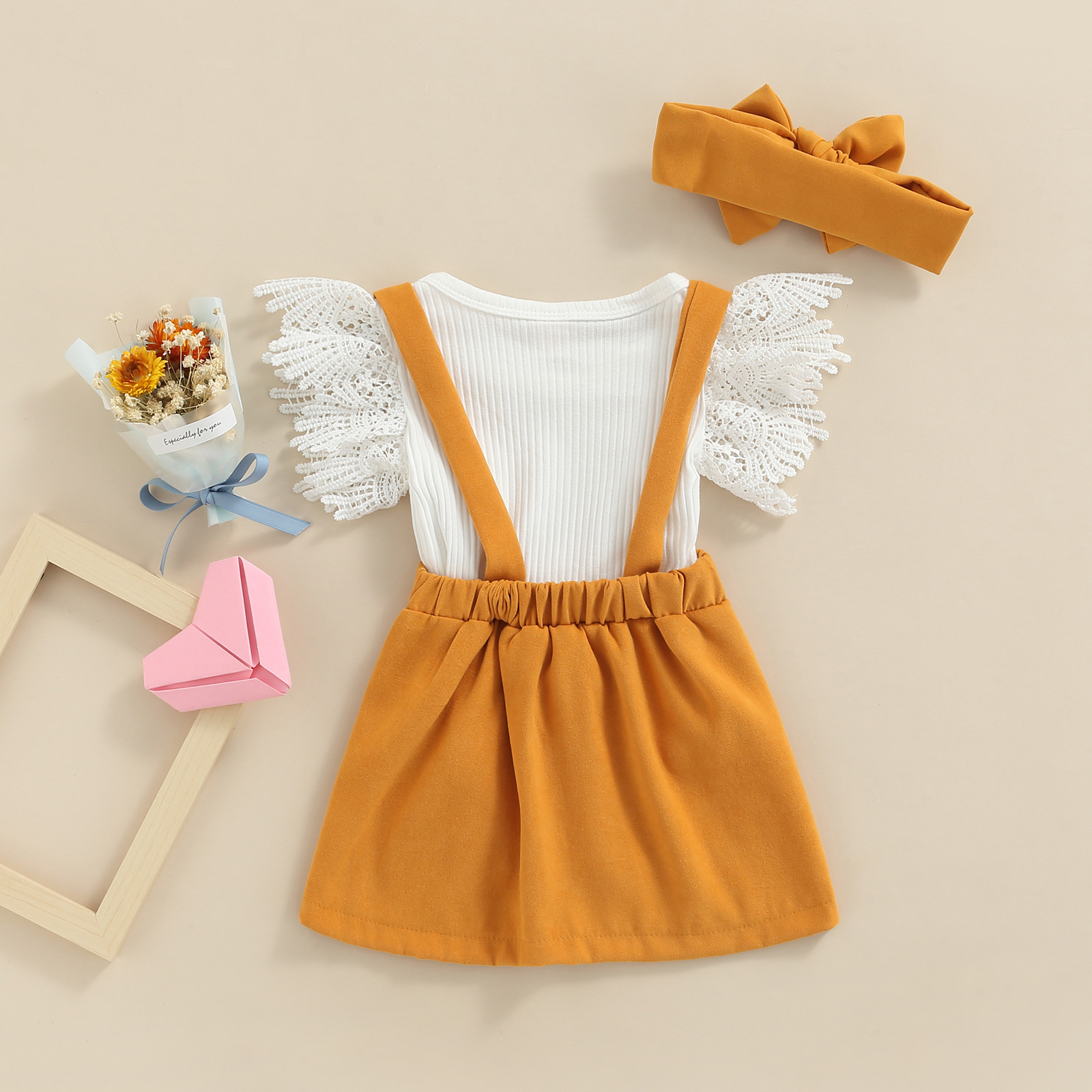 Infant Baby Mädchen Sommer Outfit Sets Weiß Fliegen Sleeve Rippen Romper + Einfarbig Hosenträger Rock + Stirnband – Detail 7