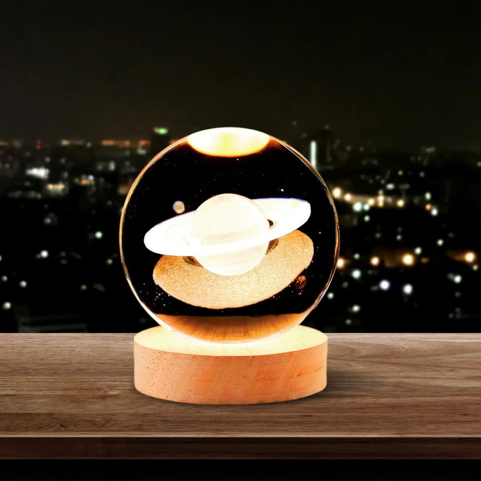 LED Sphere Lamps 2.4inch Home Decoration Wooden Base Ornament 3D Night Light for Birthday Anniversary Bedside Bedroom Desk