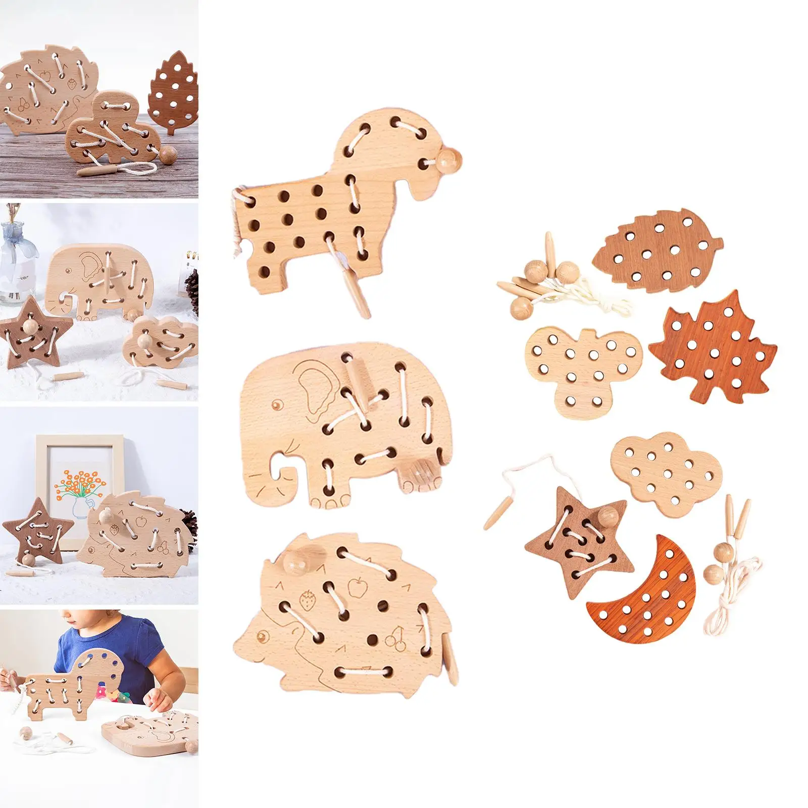 3x Wooden Lacing Threading Toys Montessori Toys Educational Kindergarten Wood Lace Block Puzzle for Kids Toddlers Birthday Gift