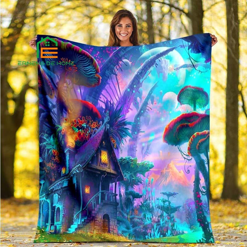 Enchanted blue mushroom throw blanket 2024