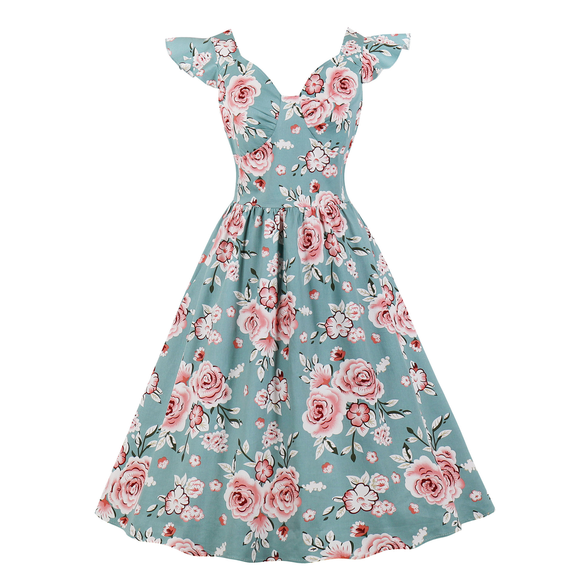 Vestido Floral Vintage Estampado, Balanço Grande Rockabilly