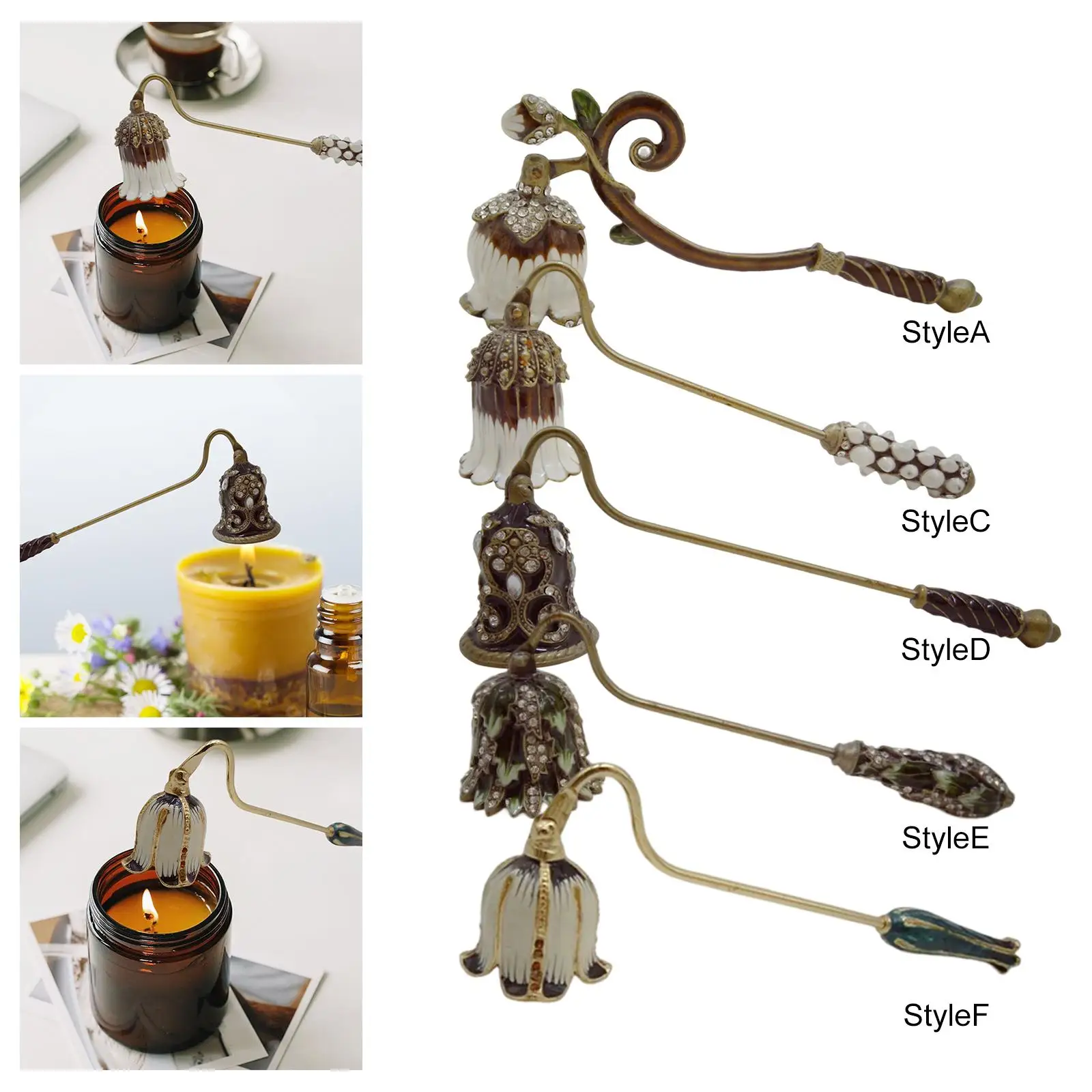 Decorative bell candle extinguisher with long handle for extinguishing the