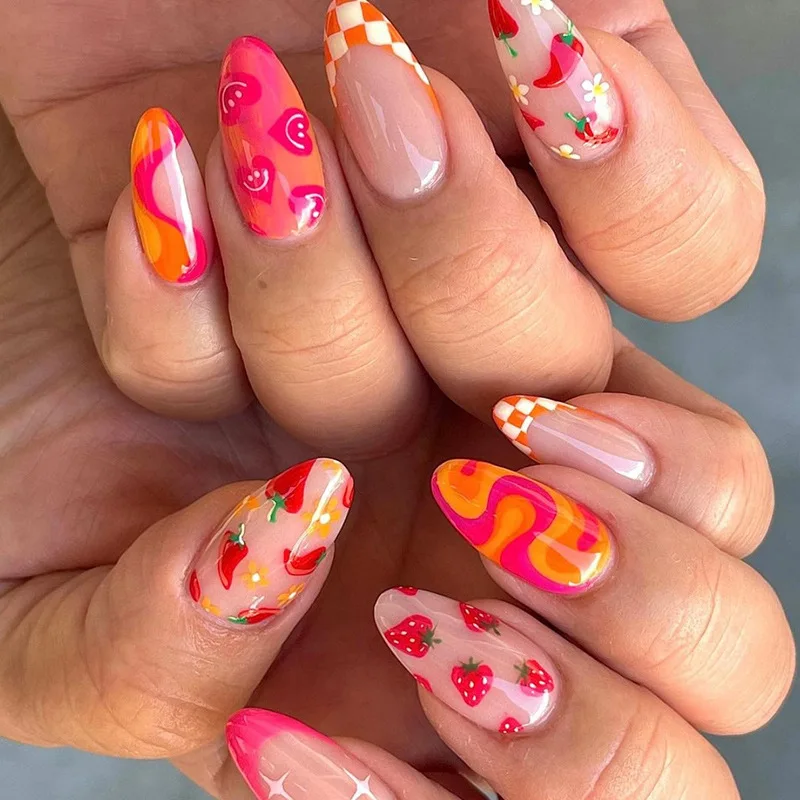 Best of 24Pcs Almond False Nails With Tools Cute Heart Strawberry Chili Design French Checkerboard ABS Press On Nails Fake Tips Wearable Reviews & Tips