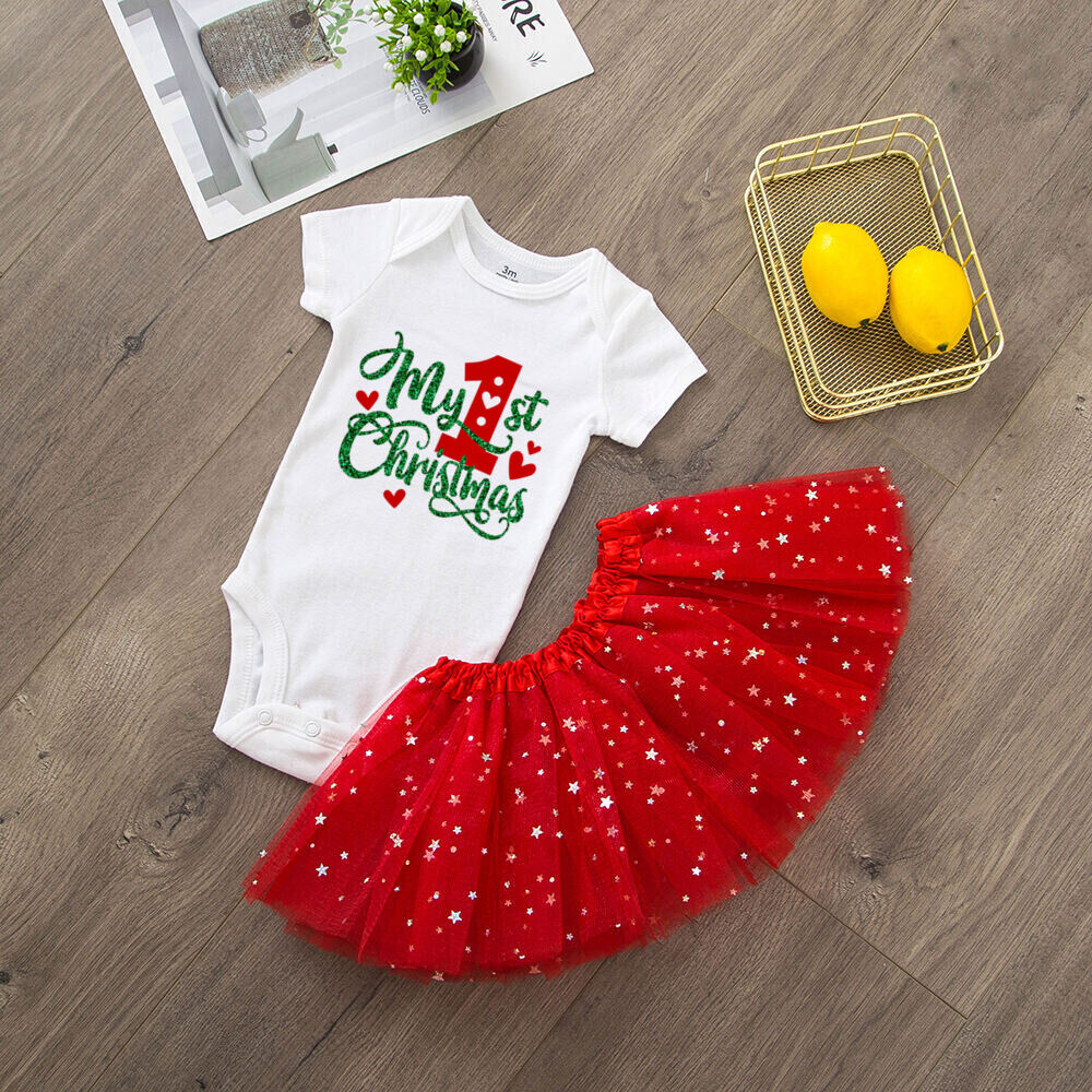 Mein 1. Weihnachts-Baby-Body + Kleid-Set, Weihnachtsfeier, Baby-Mädchen-Kleider, kurzärmeliges Kuchen-Kleid-Set für Kleinkinder – Detail 6