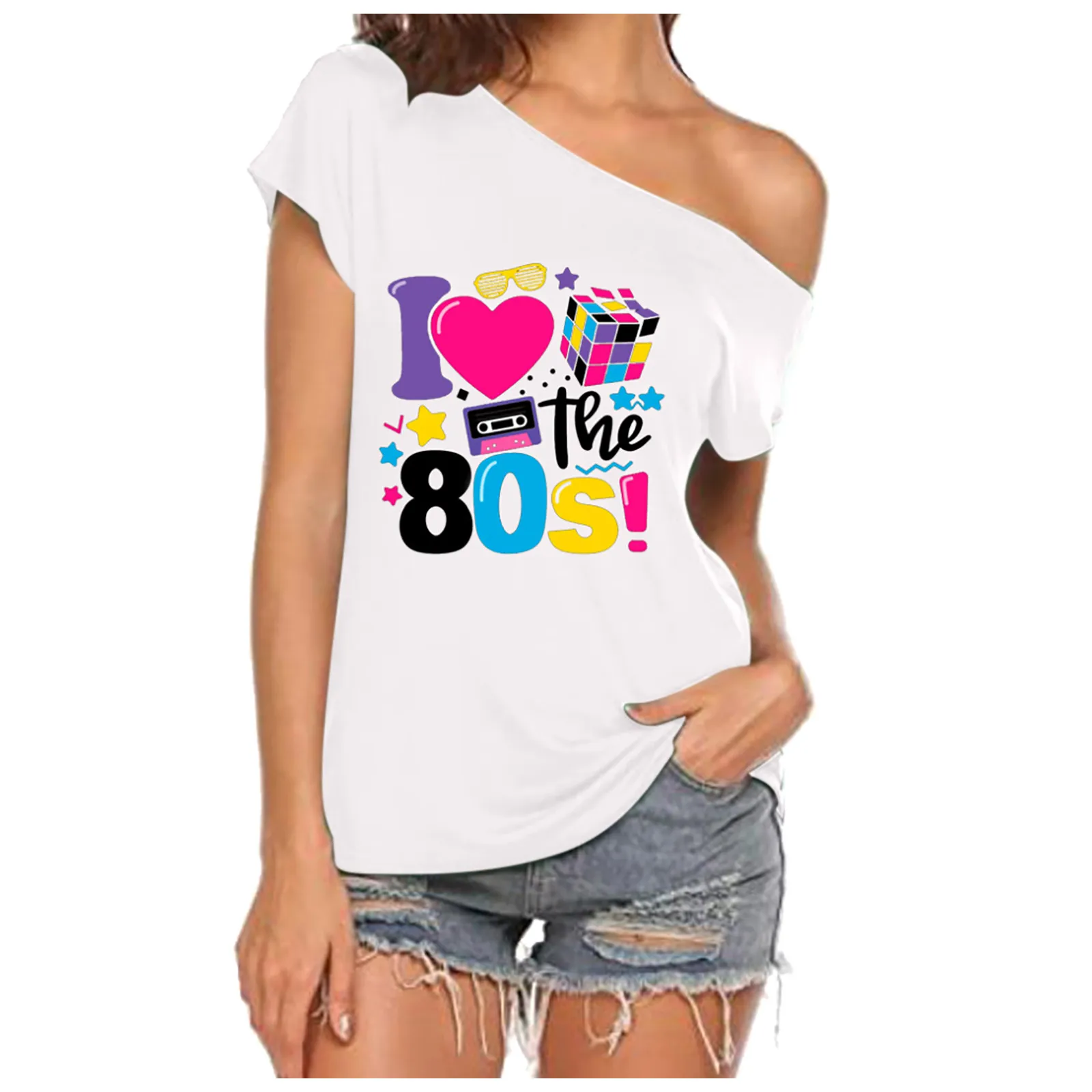I Love The 80s Off The Shoulder Tops Female Summer Casual Short Sleeve Graphic Tees Streetwear Disco Costumes -S52a44af9337b4451ab6ff2a89e87cc5fJ