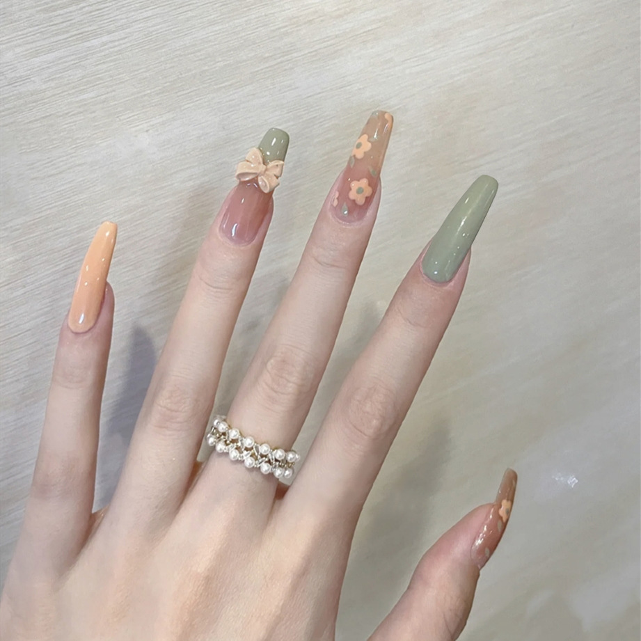24Pcs/Box Charming Orange Green Flowers Design Ballerina Manicure Patches  Press on Nails Full Cover Nail Tips Acrylic 2022 New| | - AliExpress