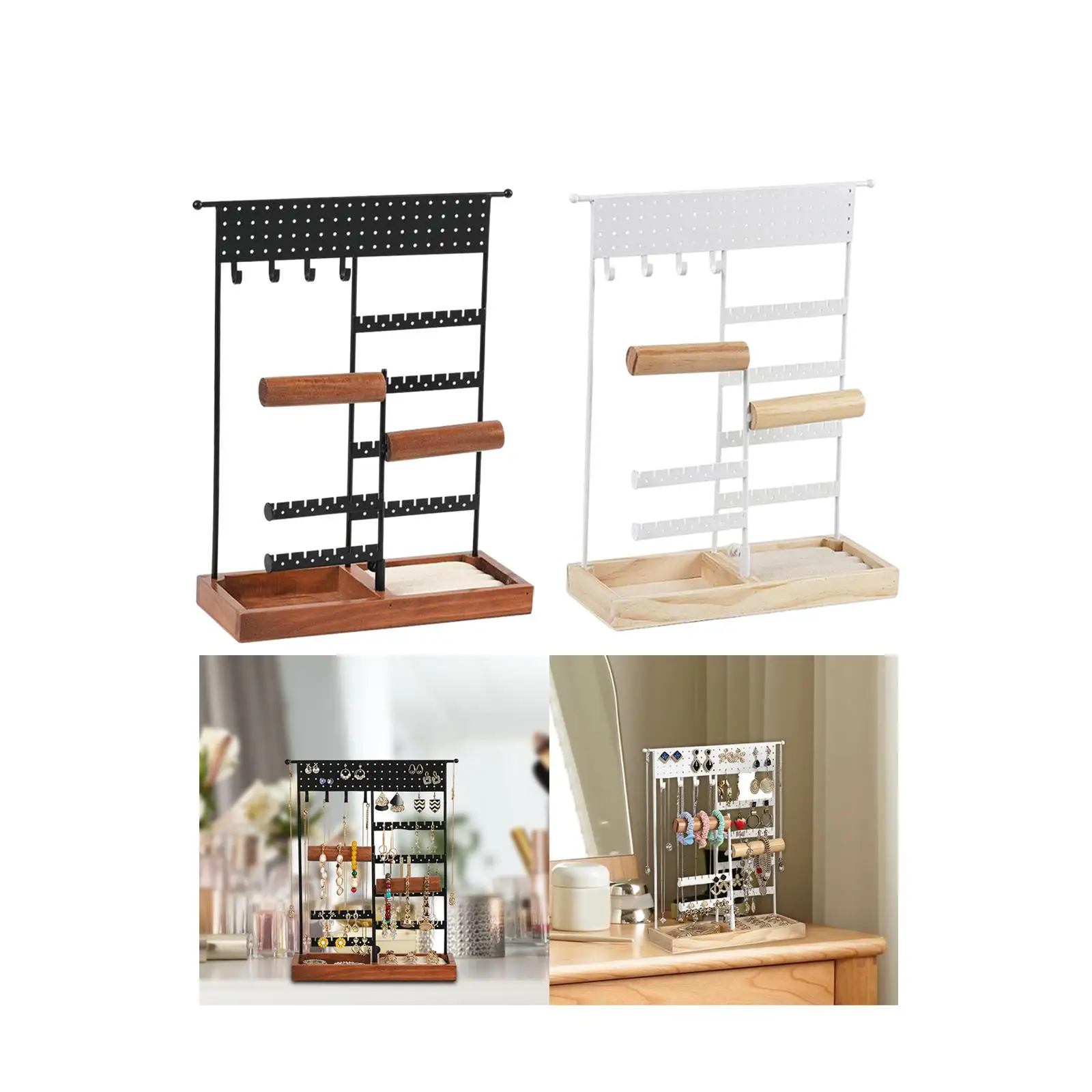 Jewelry Display Stand with Wooden Tray Elegant Desktop Necklace Organizer Earring Holder for Earrings/ Bracelets/ Necklaces