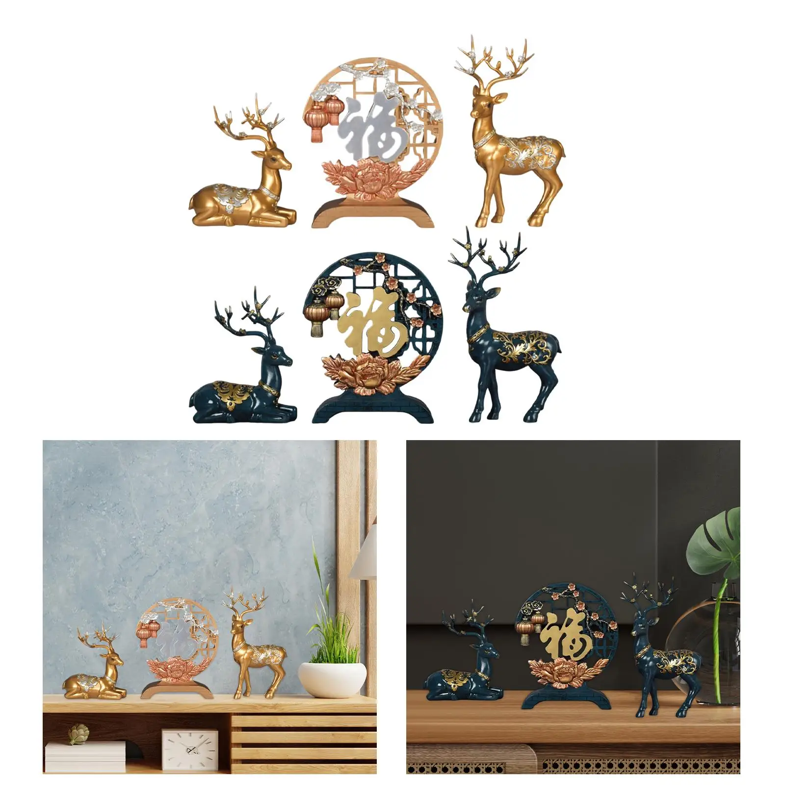 3Pcs/Set Deer Statues Modern Fu Character Plate Reindeer Figurines for Home Tabletop Cabinet Living Room Decor