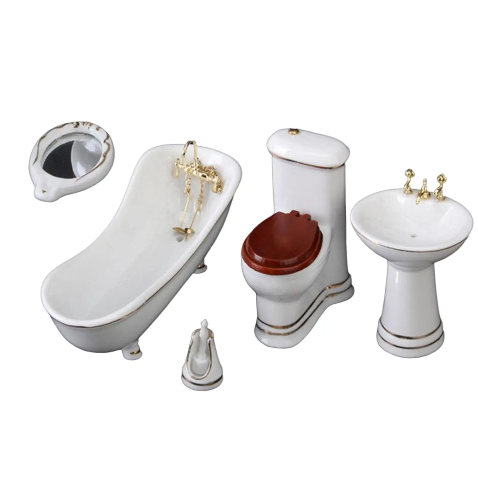 1:12 Dollhouse Miniature Bathroom Set Ceramic Toilet Basin Bathtub Mirror Miniature Furniture Doll Accessories for Bathroom