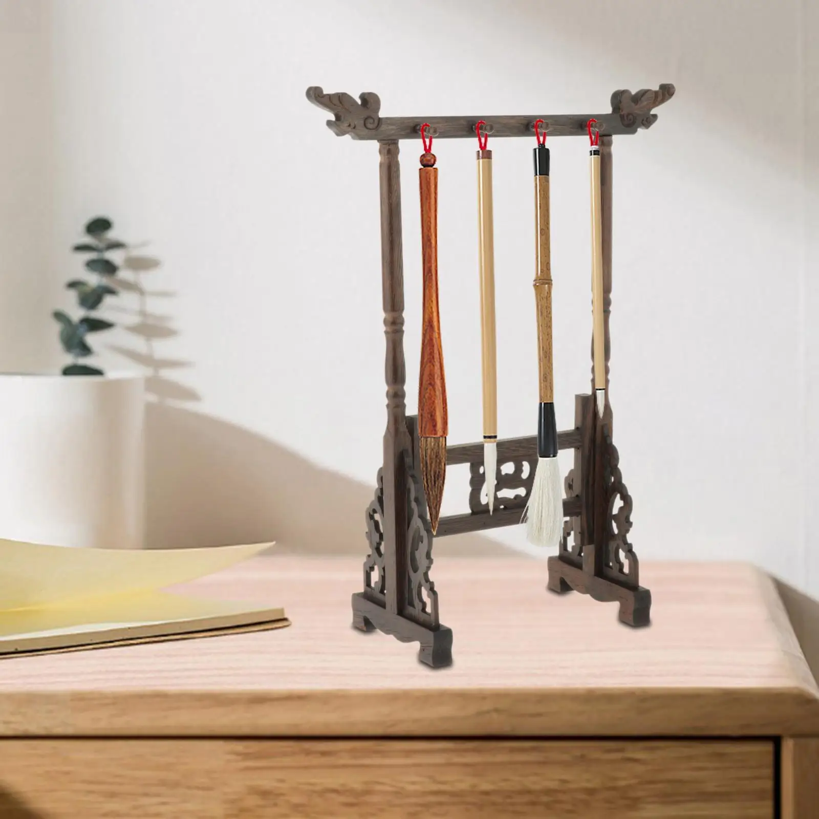 Chinese Writing Pen Brush Hanging Rack Wooden Shelf Wide Upper and Lower Narrow Design Accessory Good Craftsmanship Elegant