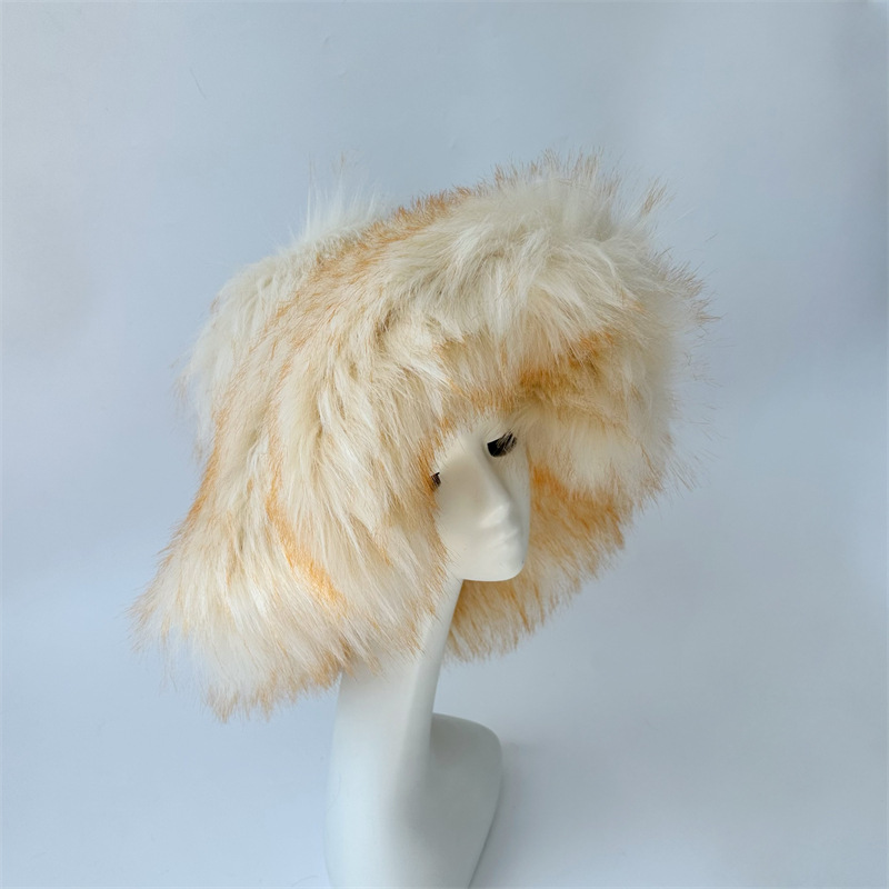 Harajuku Girls Sweet Cute Pink Wide Brim Floppy Furry Shag Hat Women Winter Y2k Fashion Fuzzy Festival Faux Fox Fur Bucket Hats