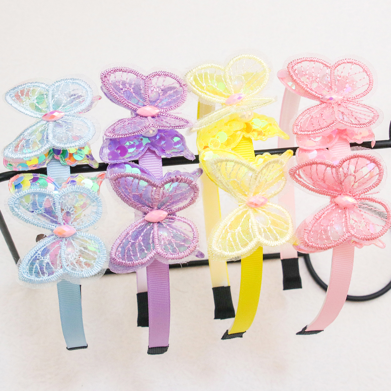 Niedliche Schmetterlings-Stirnbänder für Mädchen, 5 cm, doppelte Pailletten, Schmetterlings-Haarbänder, Kinder-Haarreifen, Kinder- und Mädchen-Haar-Accessoires – Detail 6