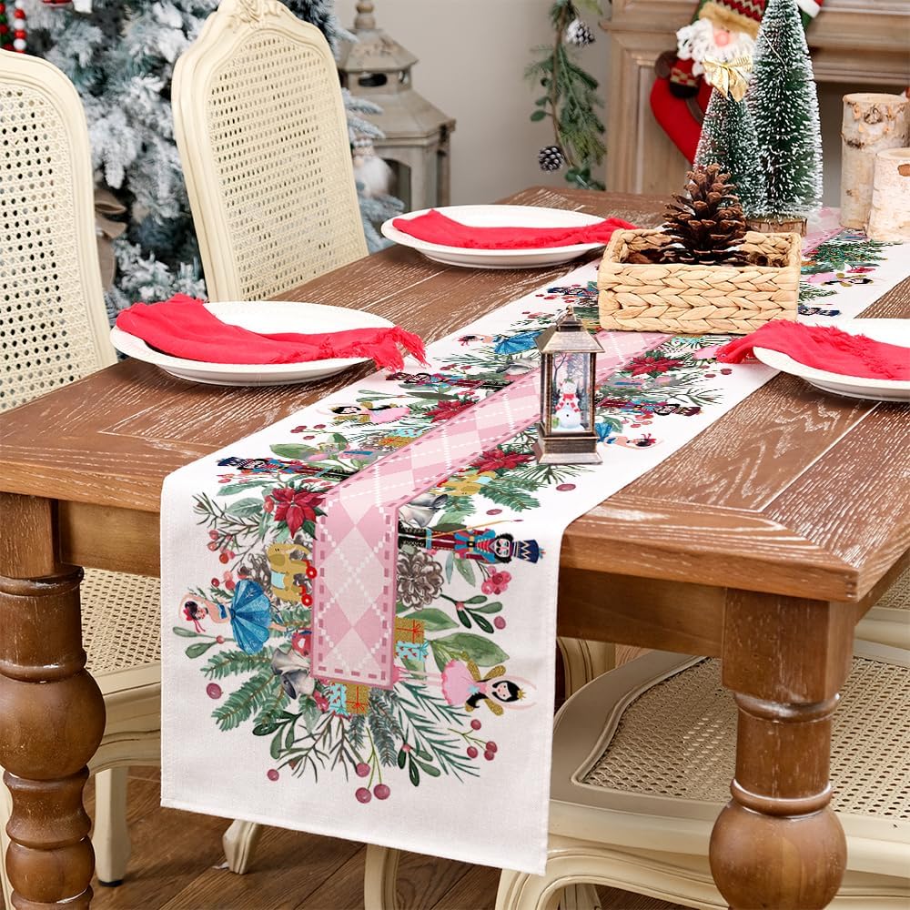 Description Picture 5 of itemChristmas Nutcracker Flower Tree Linen Table Runners Dresser Scarf Table Decor Xmas Dining Table Runners Christmas Decorations