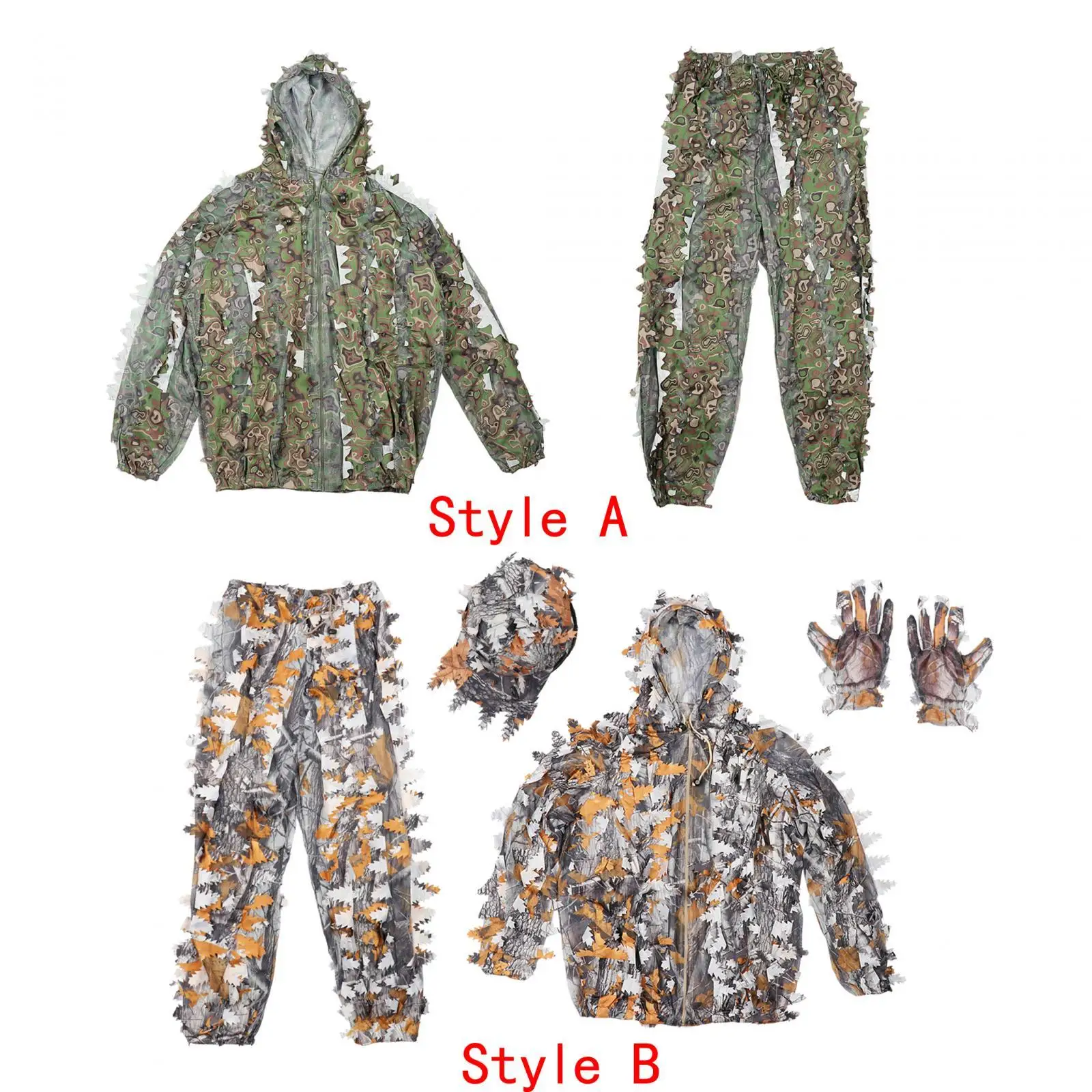3D Leaves Ghillie Suit Set Hunting Woodland Pants Jacket Clothing Forest Camouflage for Camping Gardening Outdoor Farming Adults