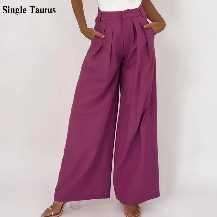 leather pants Fashion Rose Red Color Wide Leg Loose Flare Pants Street Wear Casual High Waist Pantalones De Mujer Bell Bottom Pants dickies 874