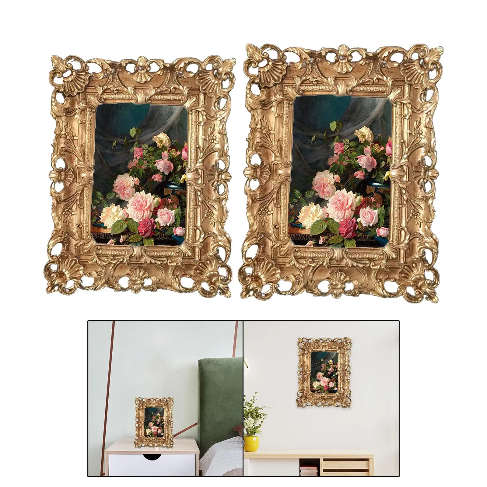 2x Vintage Style Photo Frame with Clear Glass Cover Embossed Picture Frame for Ornament