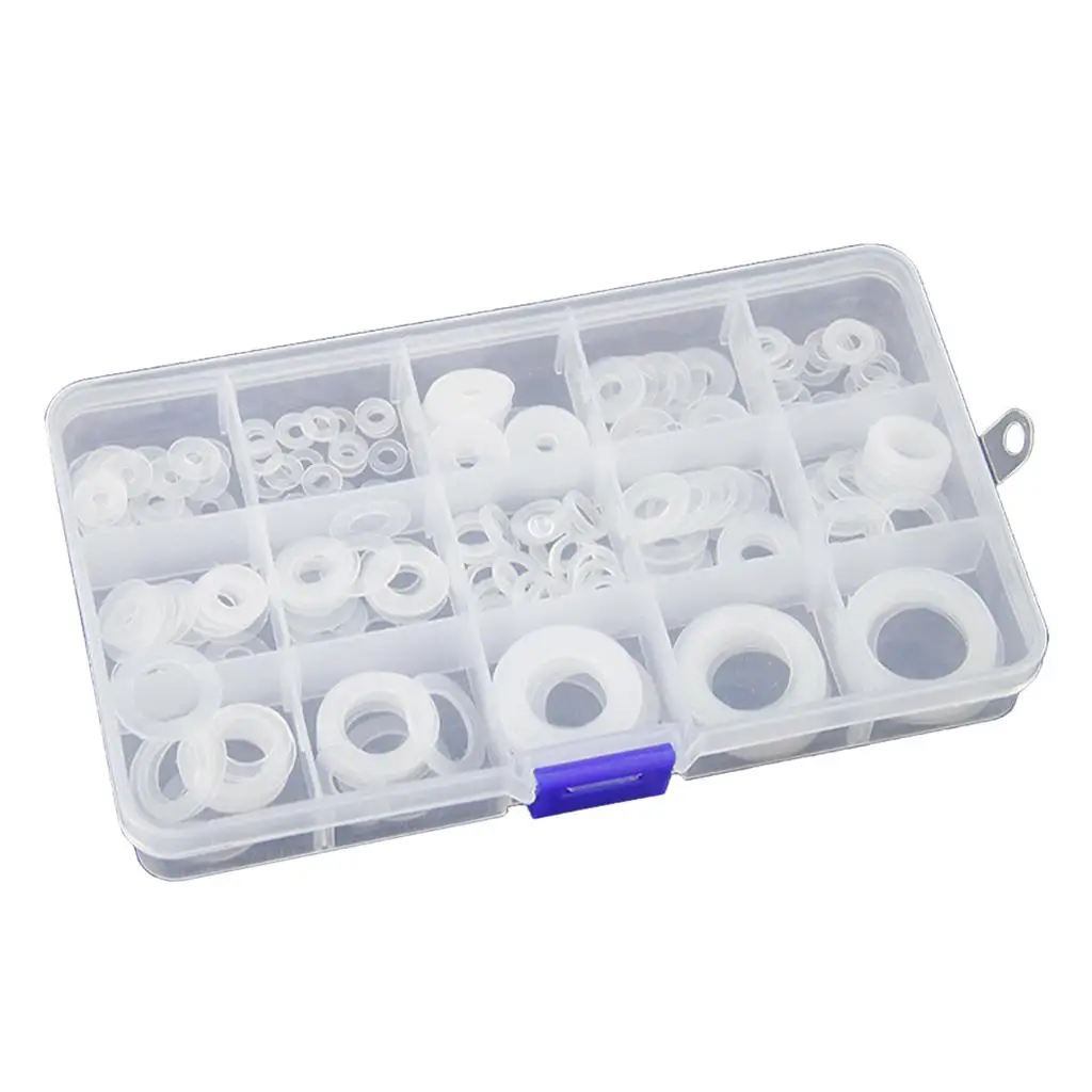 250pcs White Nylon Plastic Washer Flat Gasket Ring Set with Assortment Box