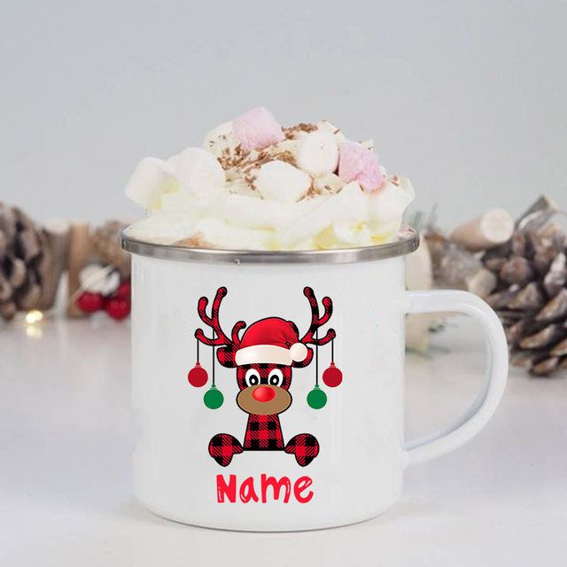 Personalised Enamel Reindeer Mug, Christmas Mug, Stocking Filler,  Personalised Christmas Mug, Christmas Eve Hot Chocolate Mug, Box Filler