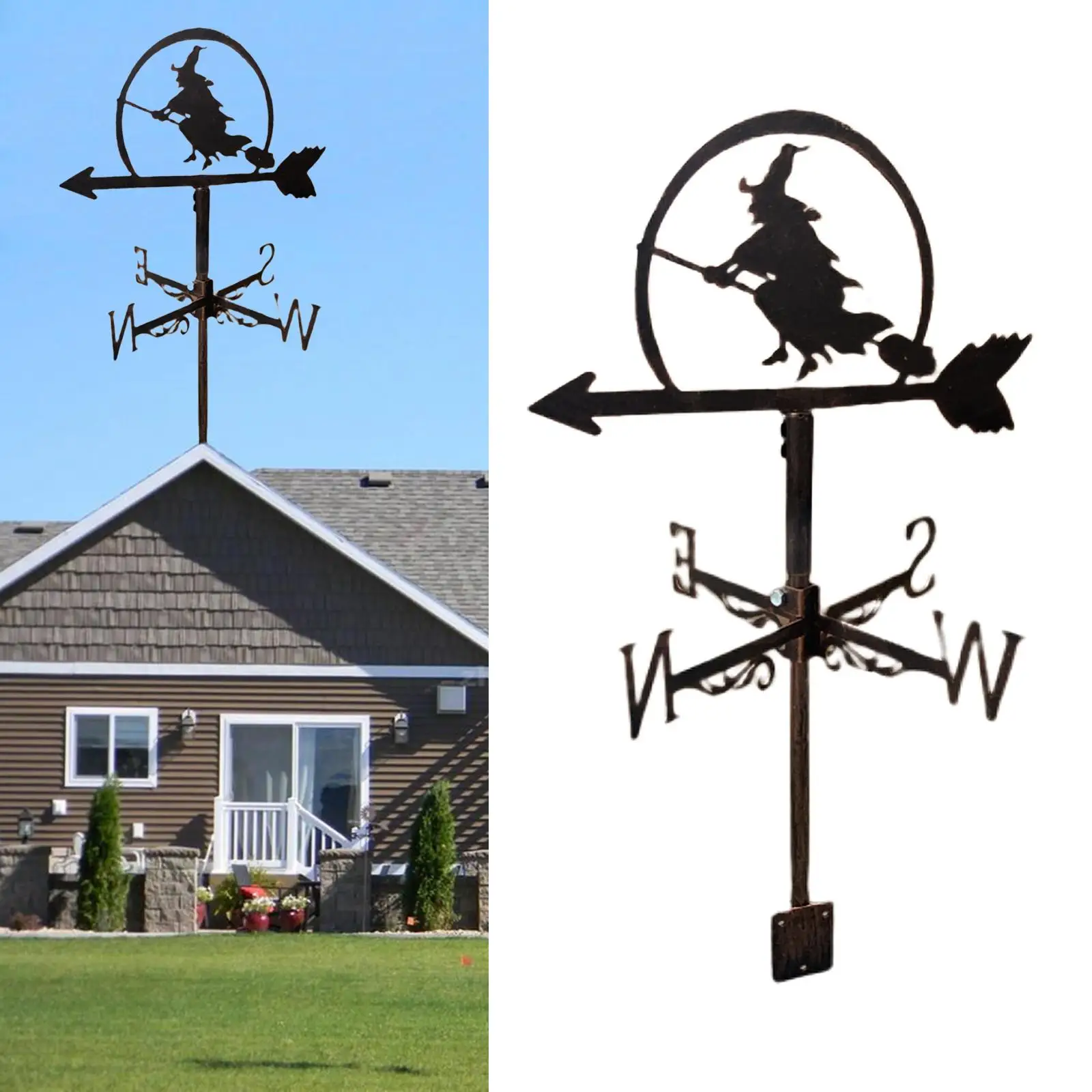 Witch Weather Vane Roof Mount Decorative Garden Sculpture for Fence Posts, Pergola Easily Install Accessory Sturdy Stylish