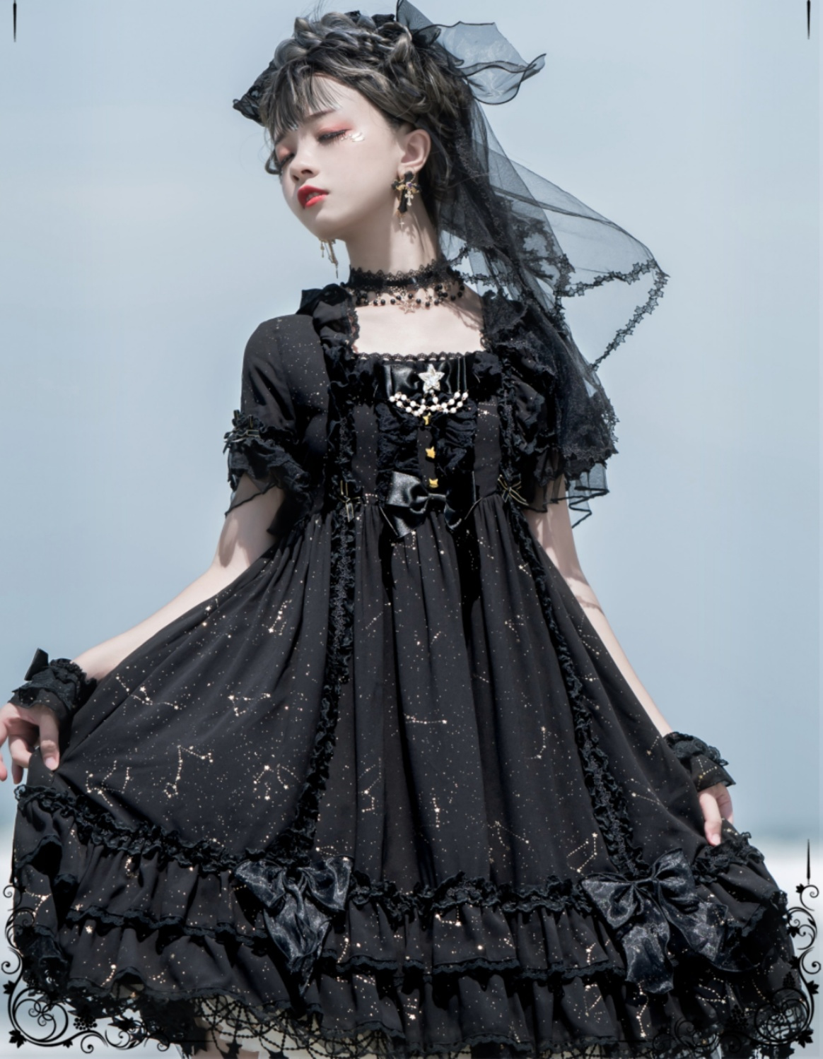 preto para mulheres, estampa constelação, vestidos de mangas curtas, verão, Lolita