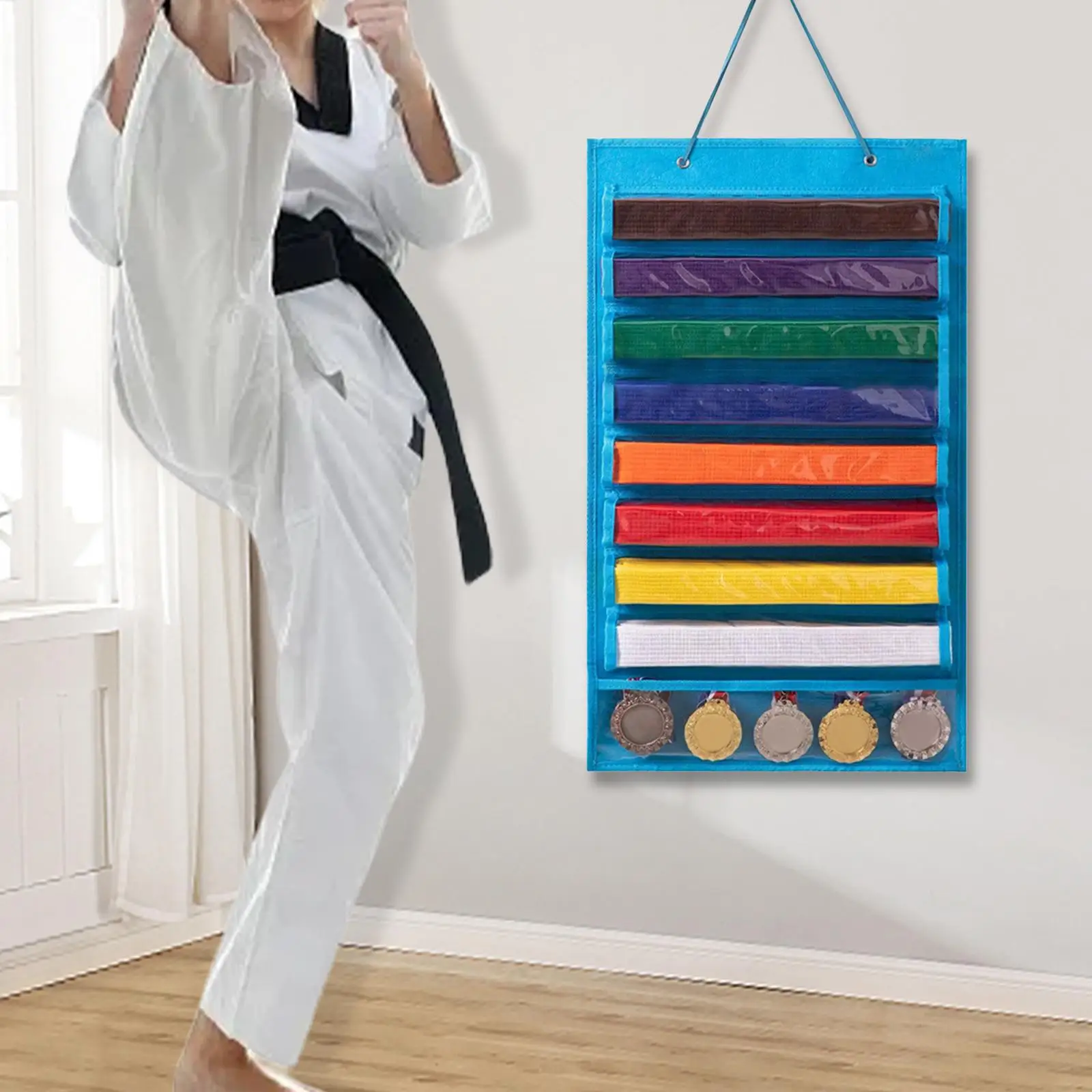 Martial Arts Belts Holder Organizer for 8 Belt 5 Medals Felt Karate Belt Display Rack with Dust Cover for Boxing Judo Muay Thai