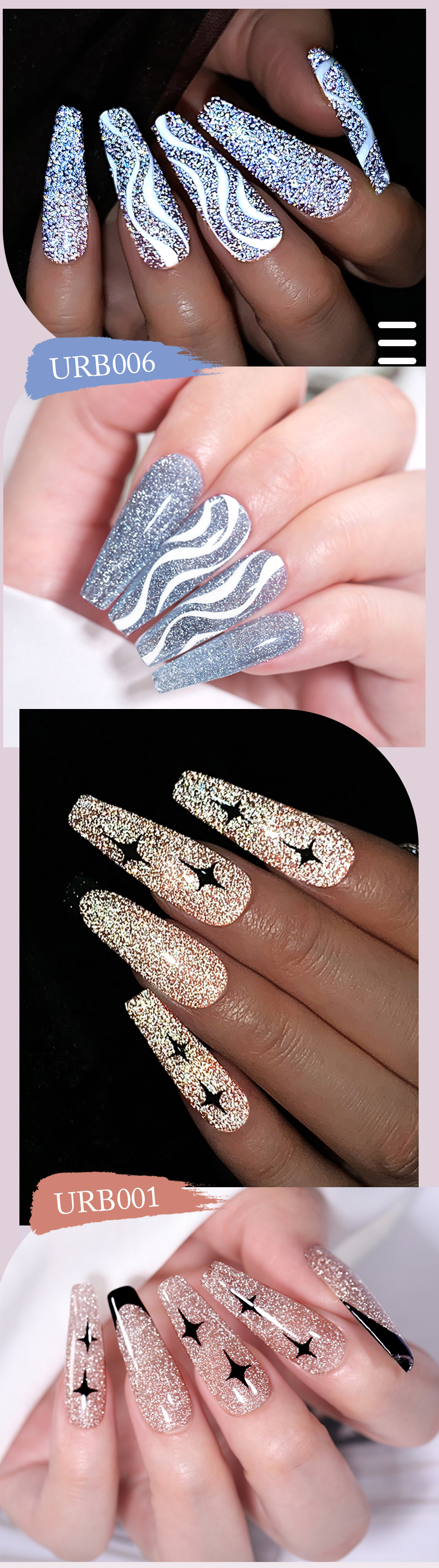Description Picture 6 of itemUR SUGAR 7ml Champagne Reflective Rubber Base Gel 2 in 1 Sparkling Glitter Flash Base Gel Soak Off UV LED Nail Art Varnish