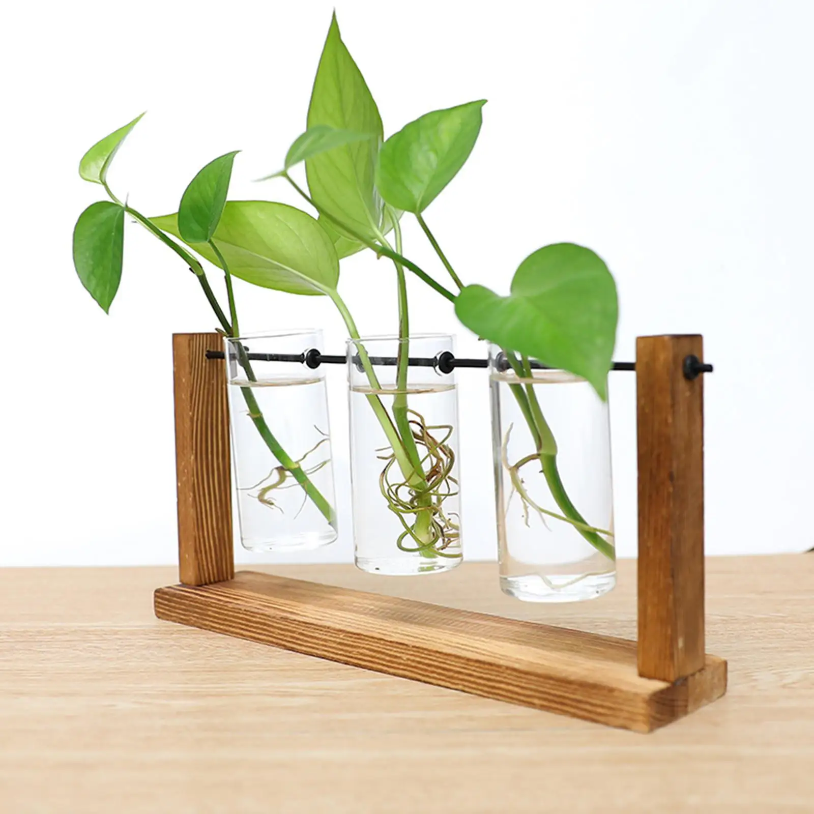 Glass Tube Vase Flower Pot with Wooden Rack Container Terrarium Propagation Holder for Home Wedding Ornament Decor