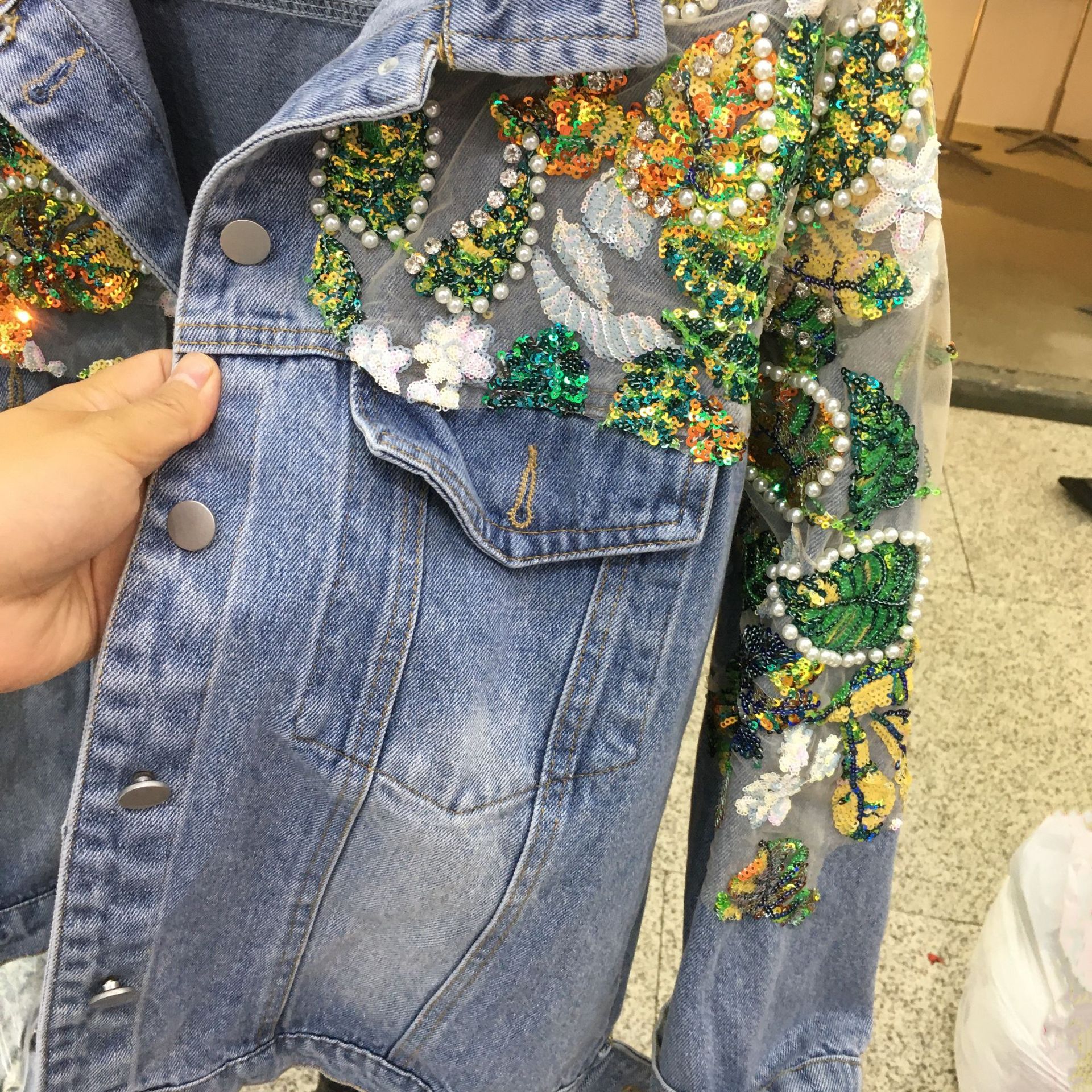 Denim Bomber Sequins Jacket Loose Floral Bordado Jeans Casaco Streetwear Tops